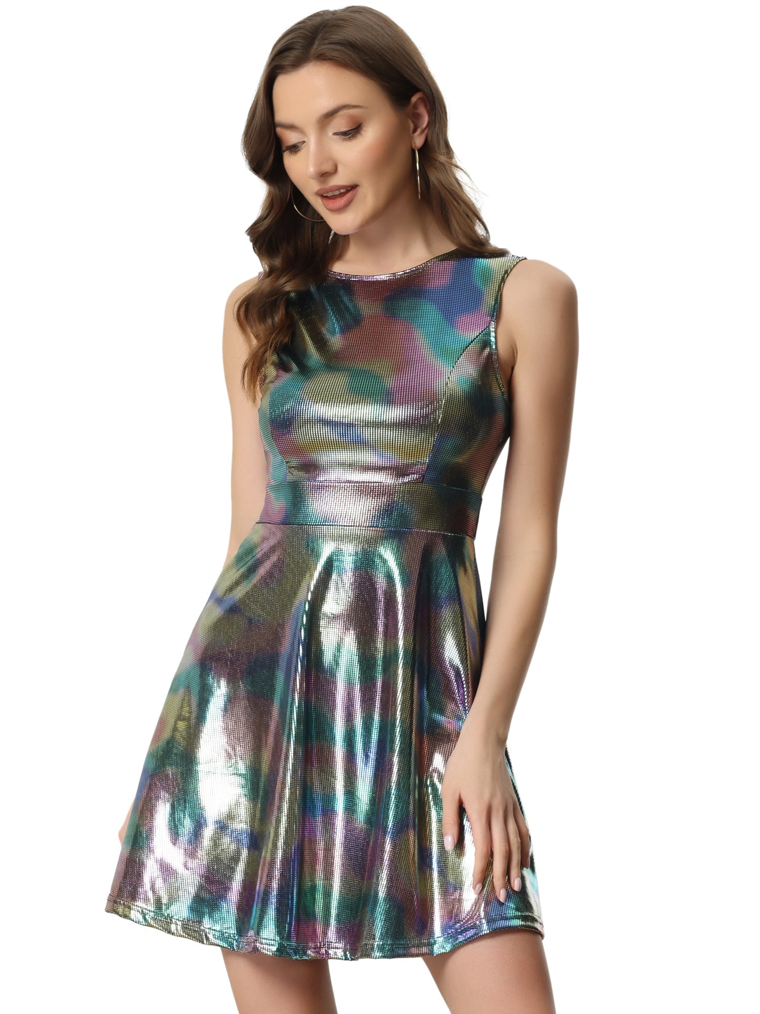 Sleeveless Metallic A-Line Club Party Holographic Mini Dress