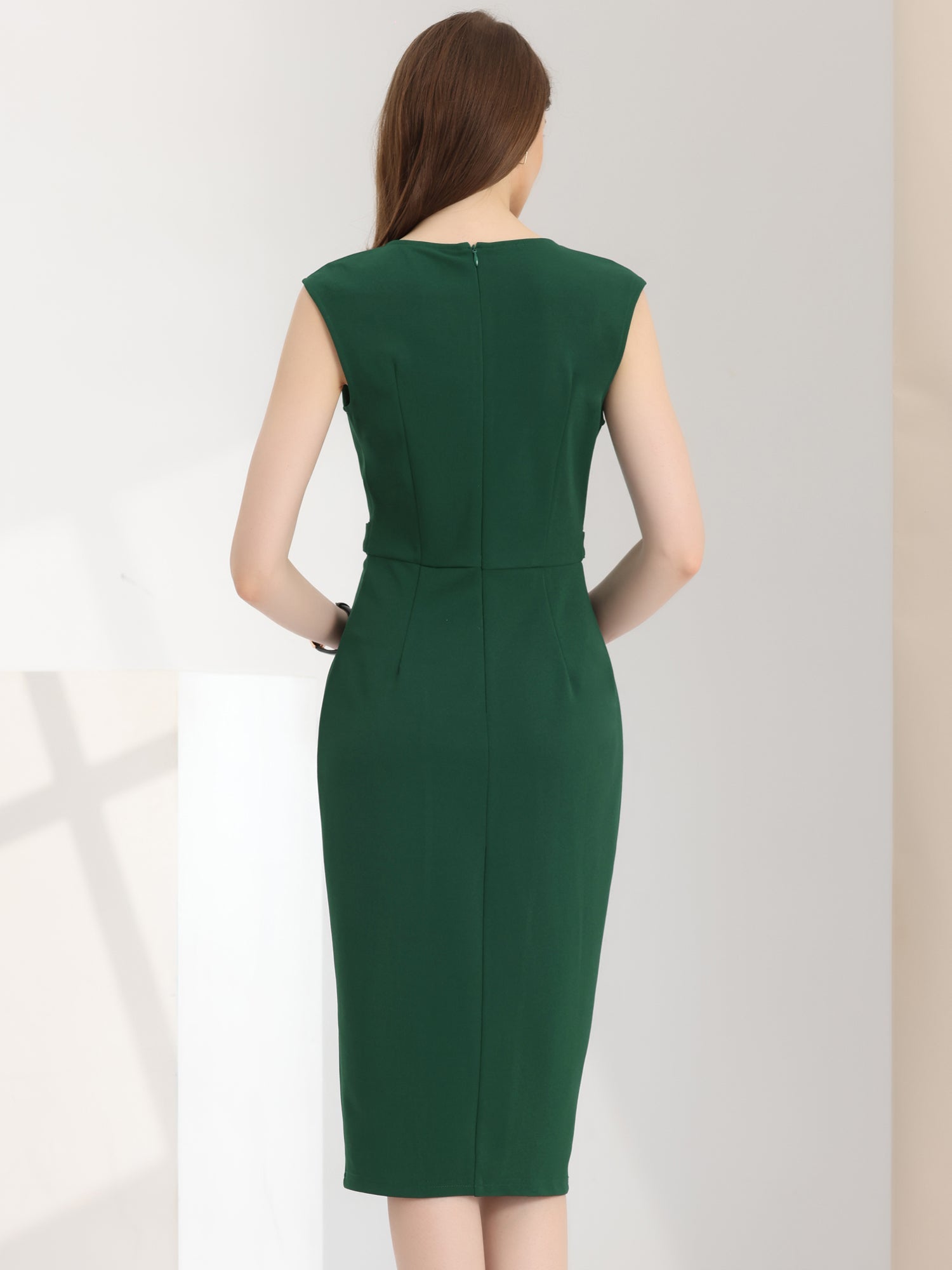 Round Neck Slim Fit Sleeveless Split Work Pencil Sheath Dress