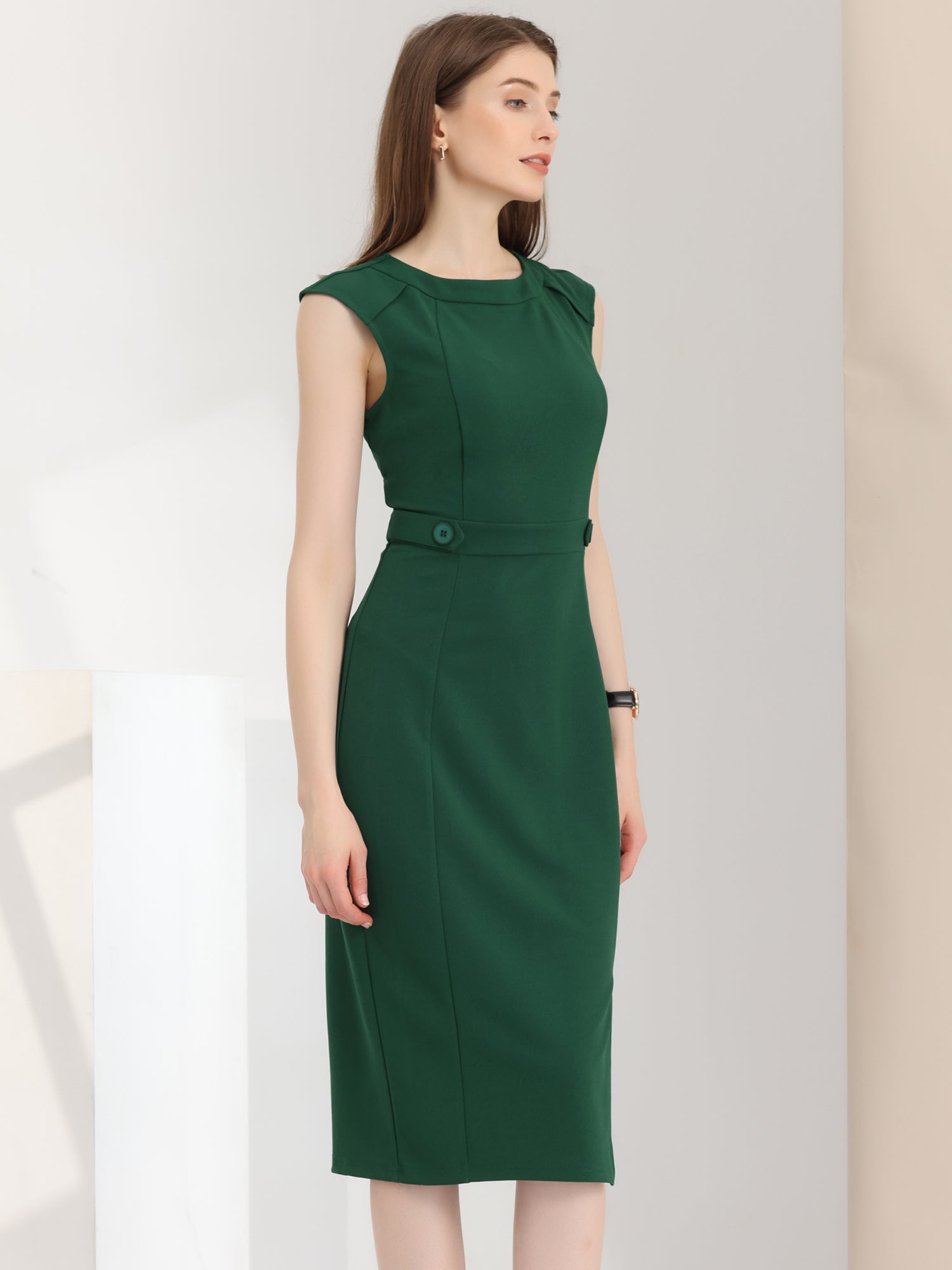 Round Neck Slim Fit Sleeveless Split Work Pencil Sheath Dress
