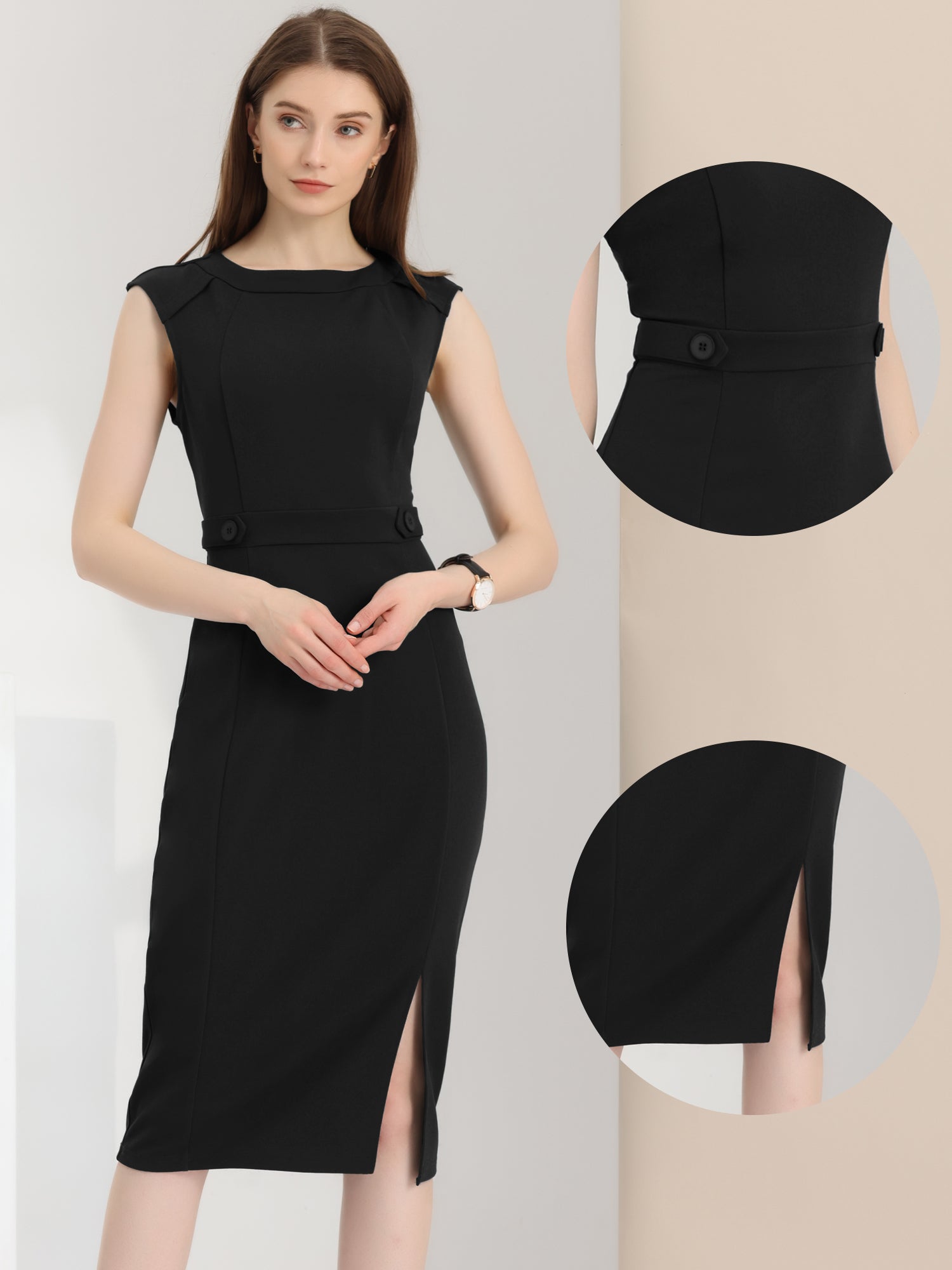Round Neck Slim Fit Sleeveless Split Work Pencil Sheath Dress