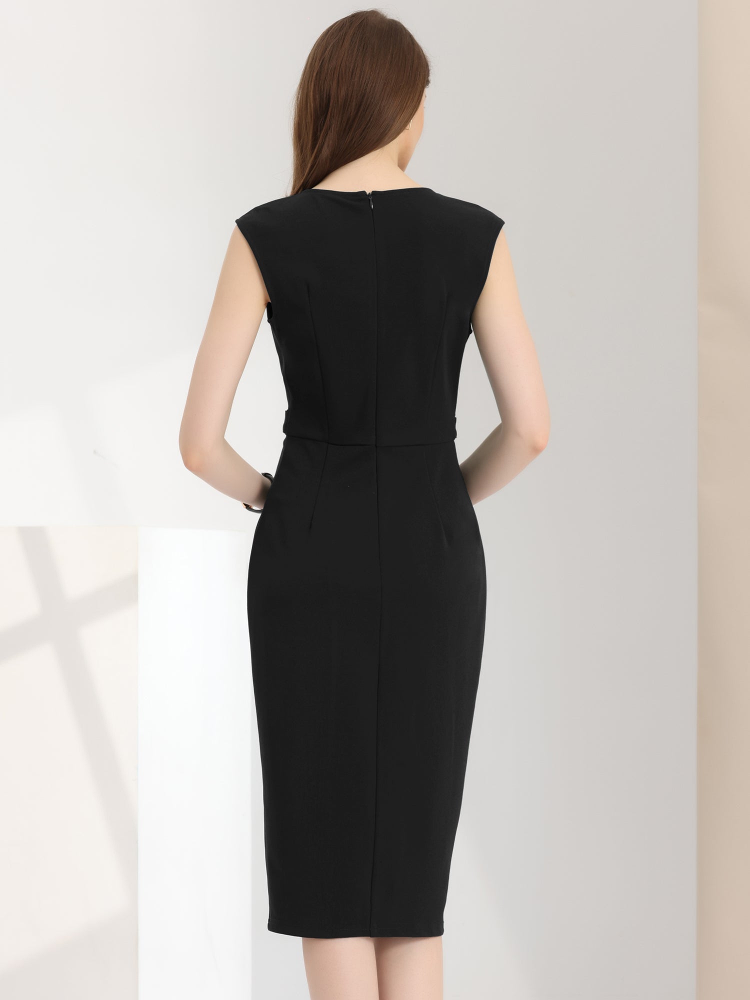 Round Neck Slim Fit Sleeveless Split Work Pencil Sheath Dress