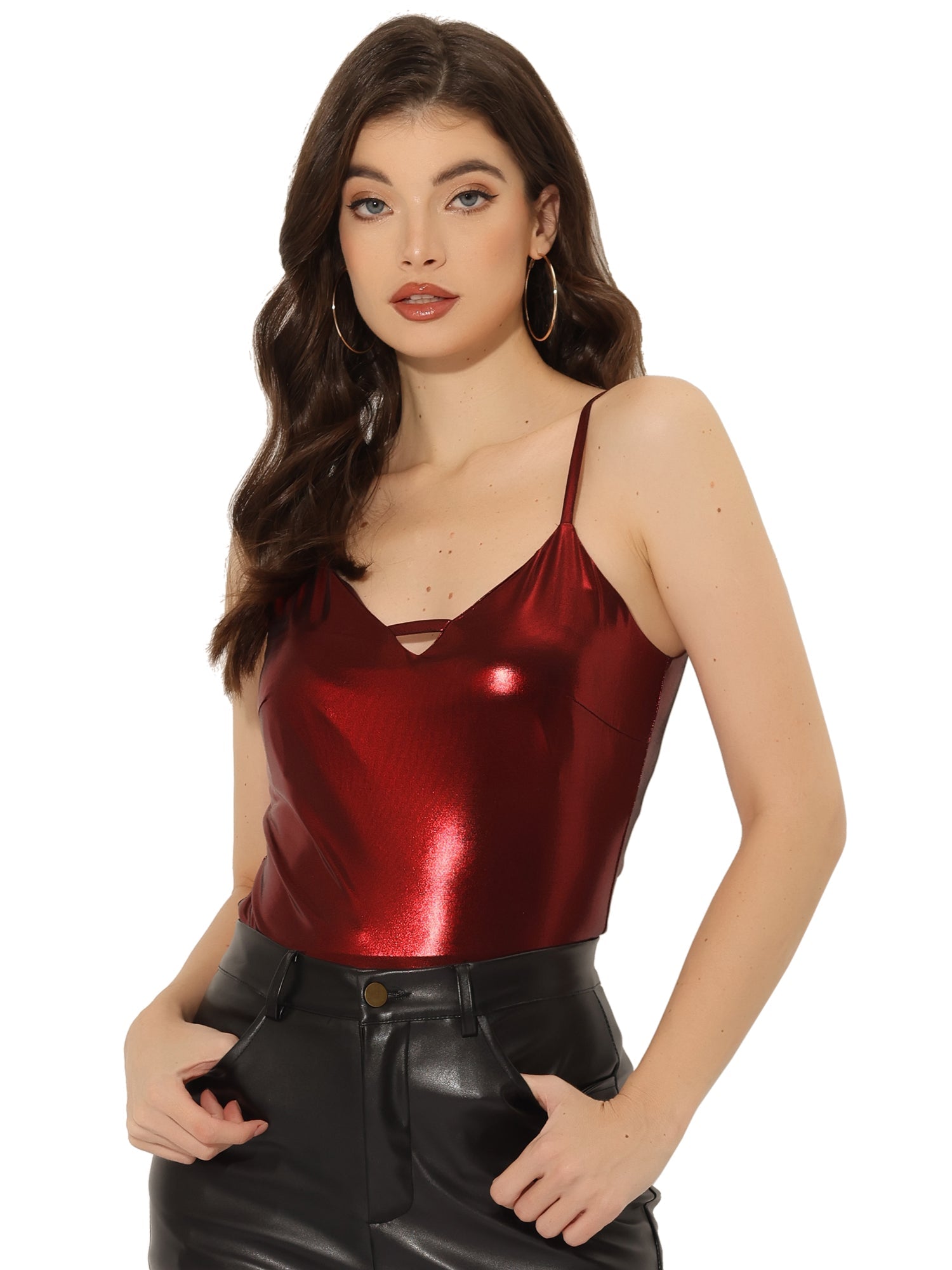 Metallic Shiny Party Tank Top Deep V Camisole Tops