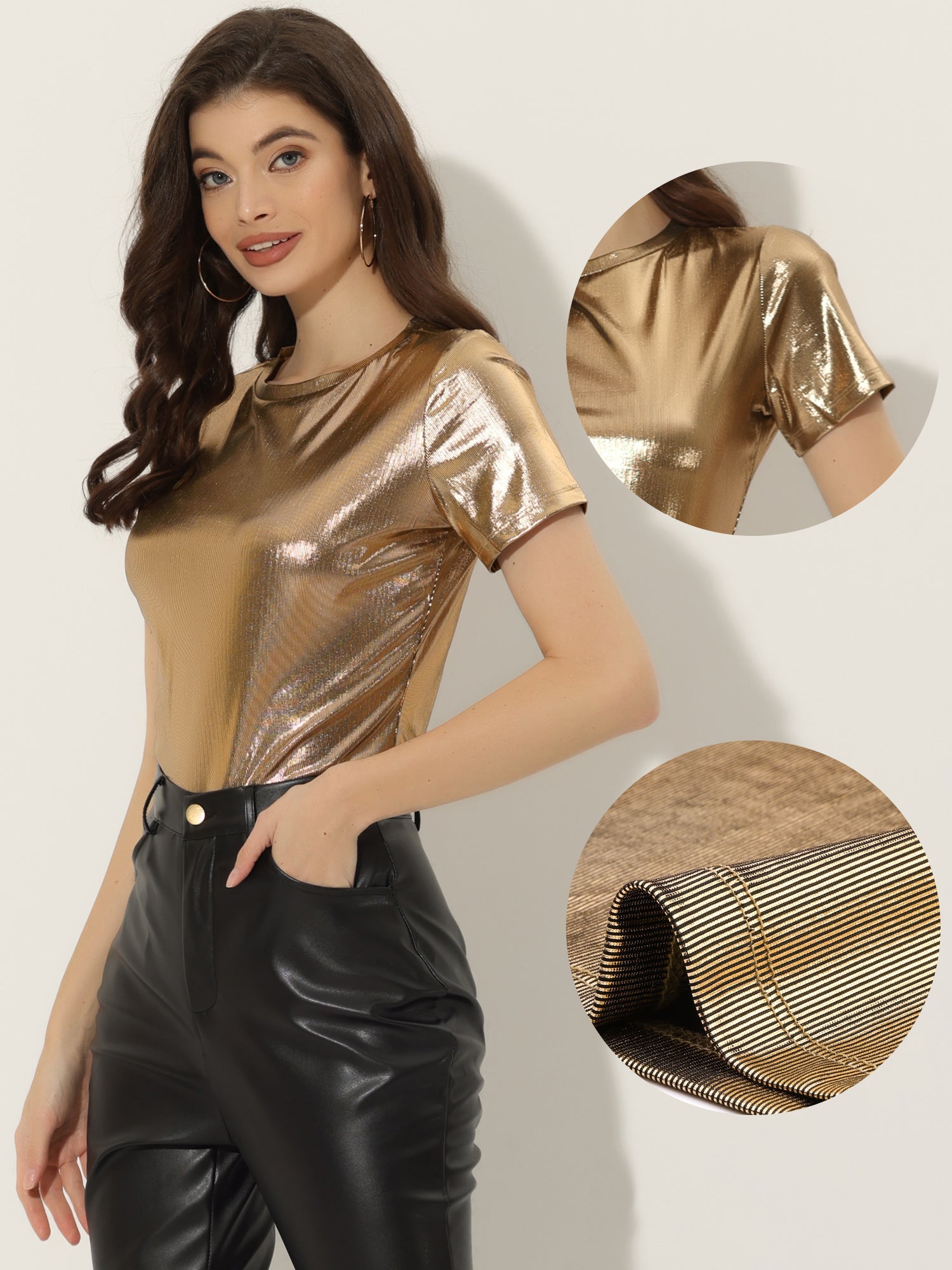 Party Metallic Textured Short Sleeve Shiny Multicolor Top