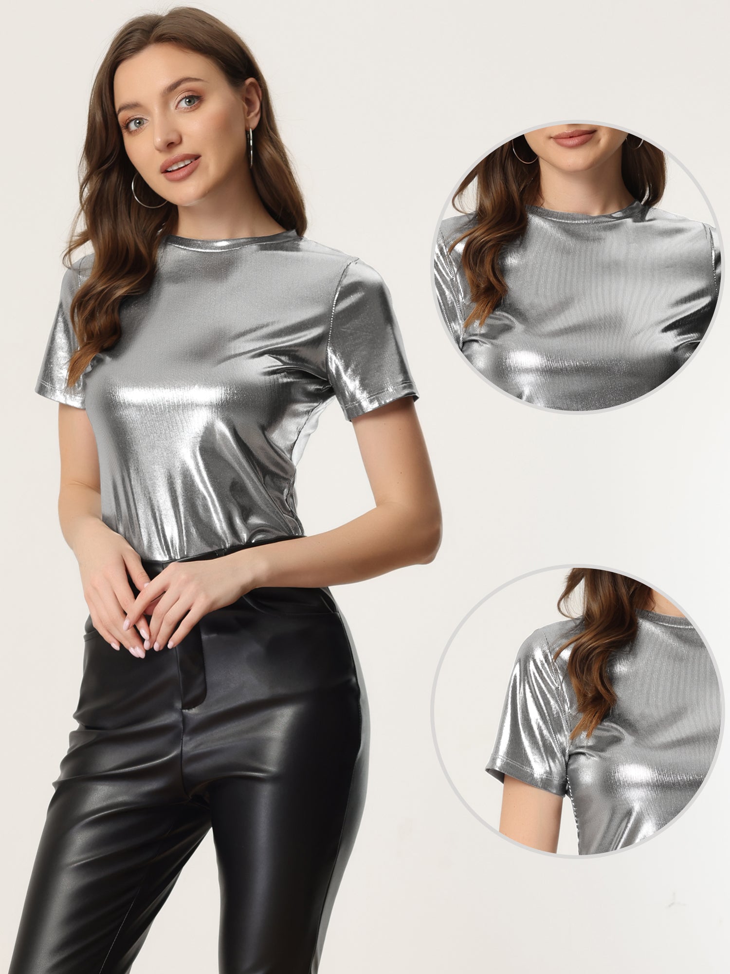 Party Metallic Textured Short Sleeve Shiny Multicolor Top