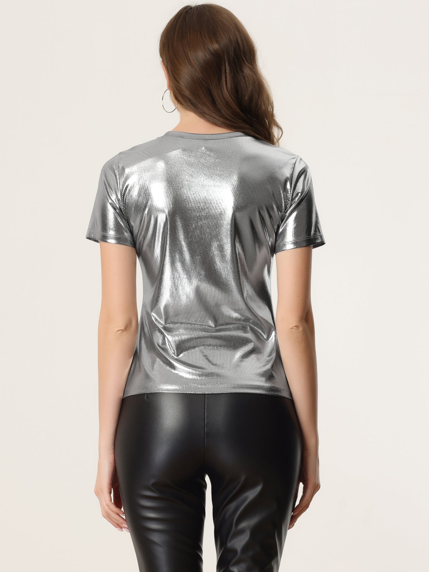 Party Metallic Textured Short Sleeve Shiny Multicolor Top