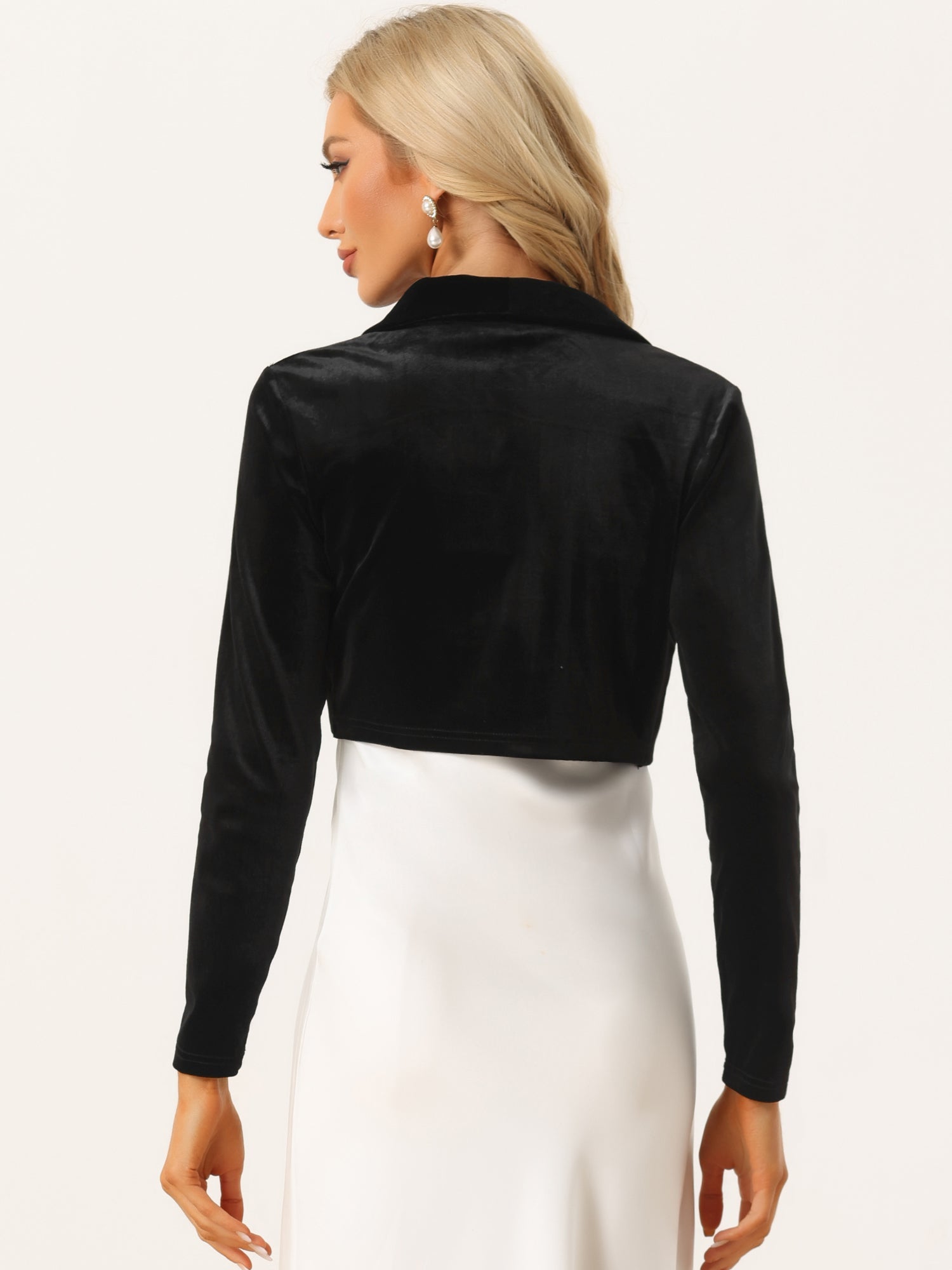 Long Sleeve Lapel Collar Velvet Open Front Cropped Bolero Shrugs