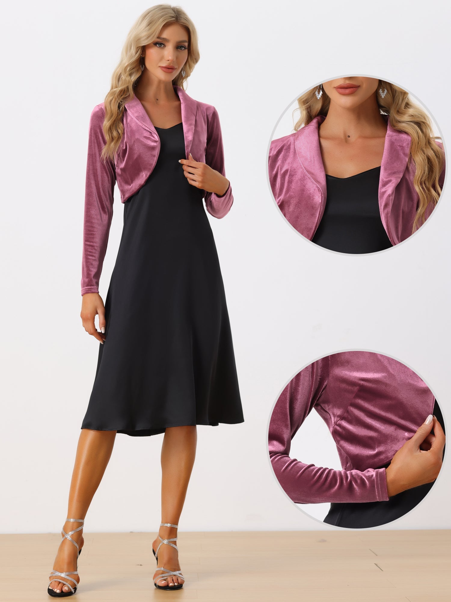 Long Sleeve Lapel Collar Velvet Open Front Cropped Bolero Shrugs