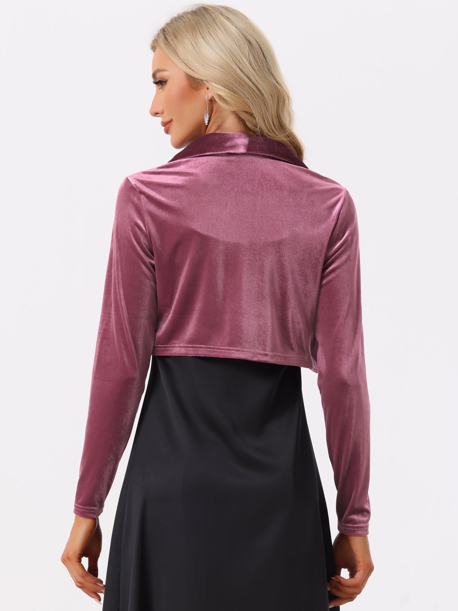 Long Sleeve Lapel Collar Velvet Open Front Cropped Bolero Shrugs