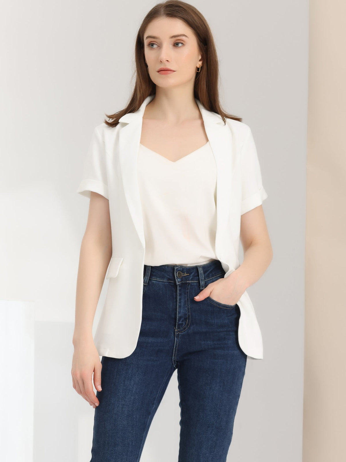 1 Button Office Business Short Sleeve Blazer Jacket