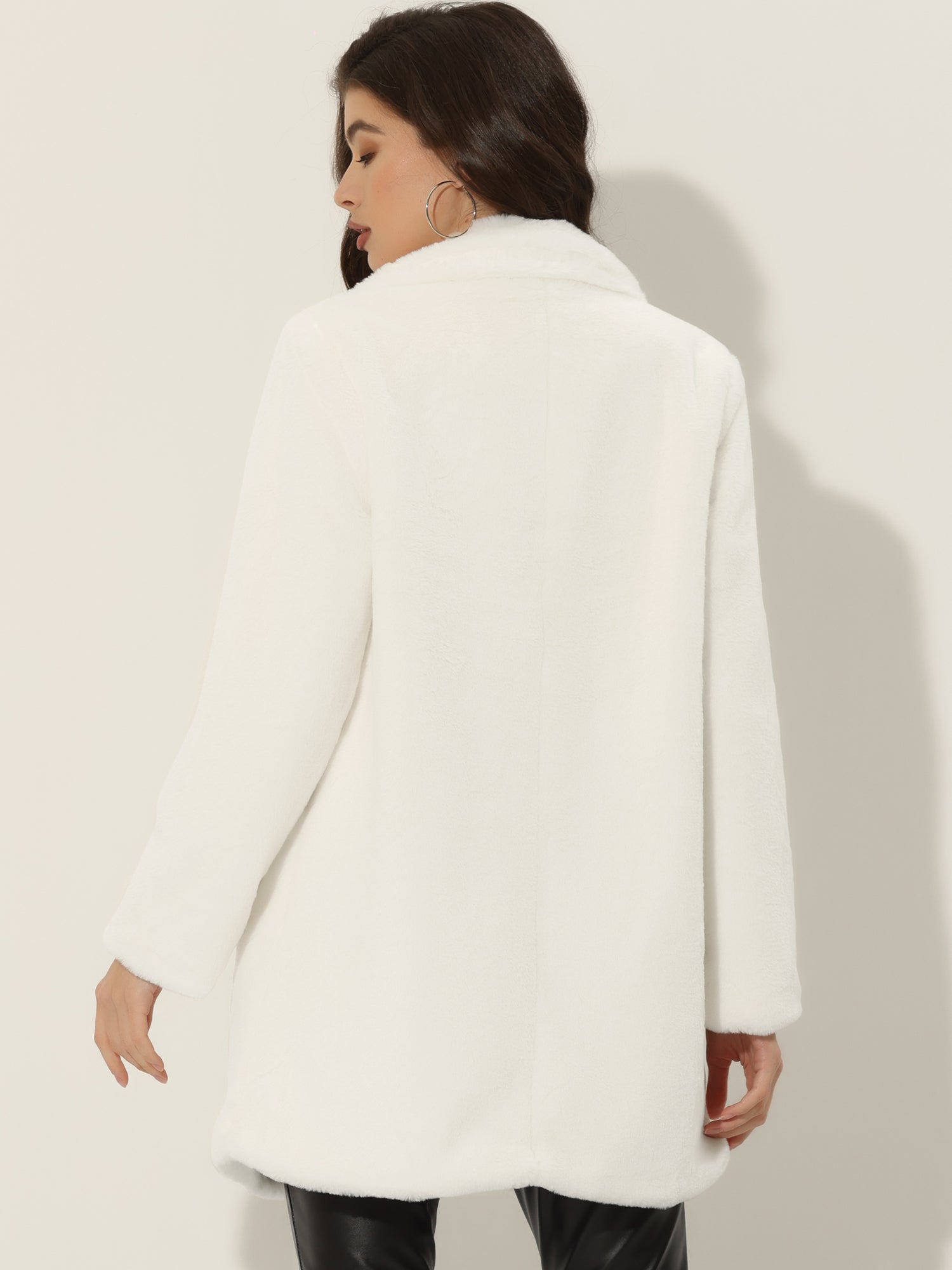 Lapel Collar Faux Fur Fuzzy Winter Warm Pockets Coat