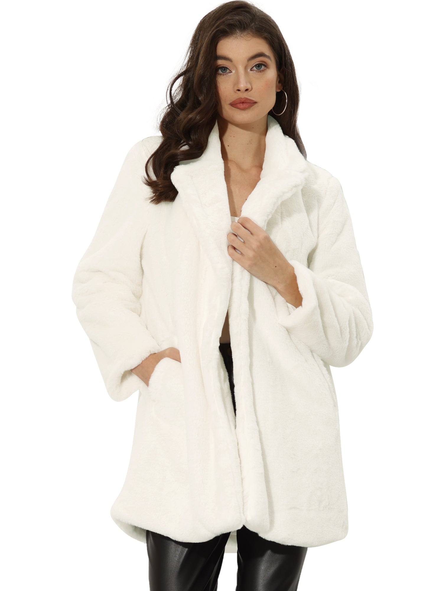 Lapel Collar Faux Fur Fuzzy Winter Warm Pockets Coat