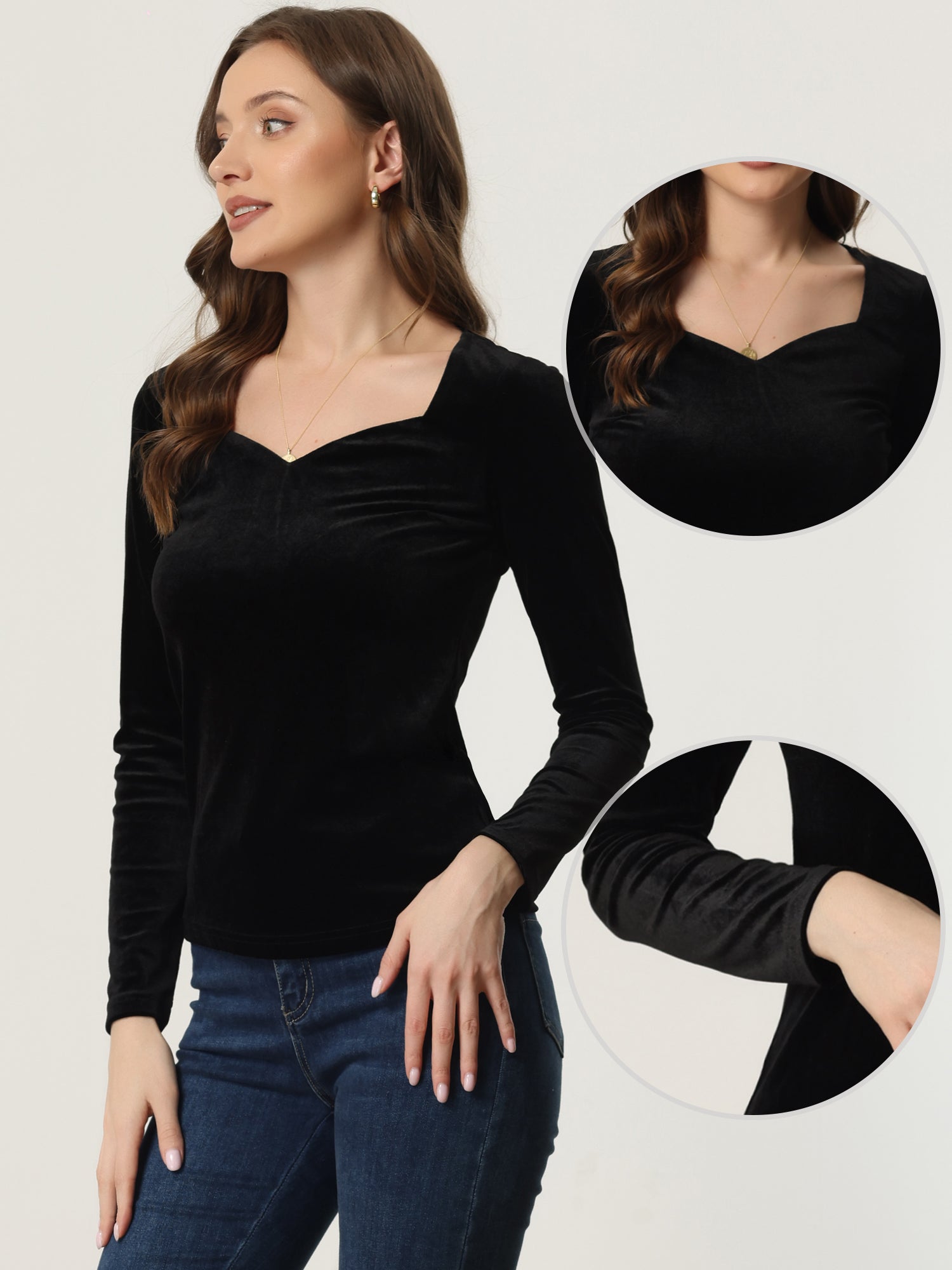 Casual Velvet Long Sleeve Solid Color Sweetheart Neck Blouse