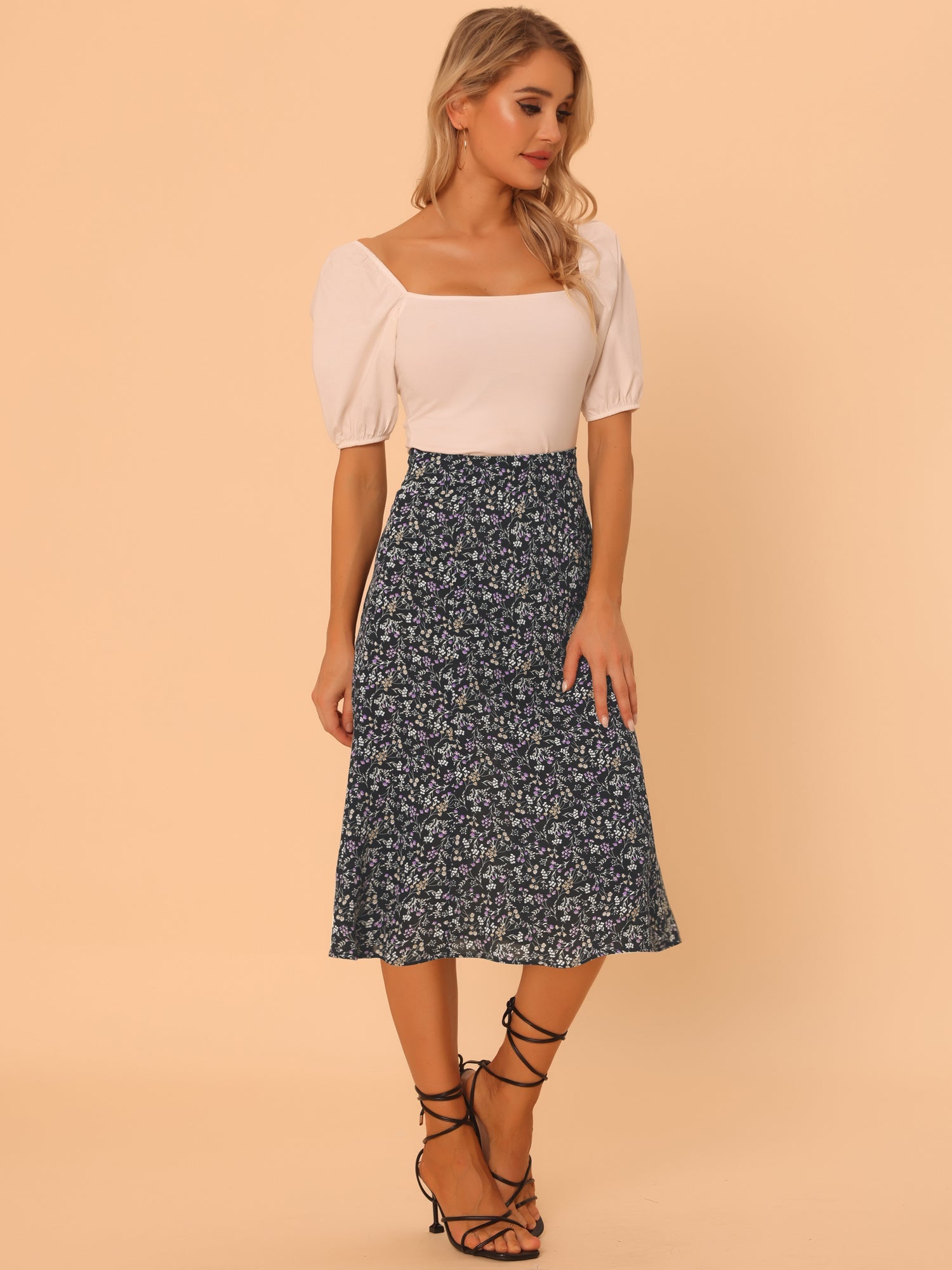 Floral Peasant Elastic Waist A-Line Ditsy Leave Midi Skirt