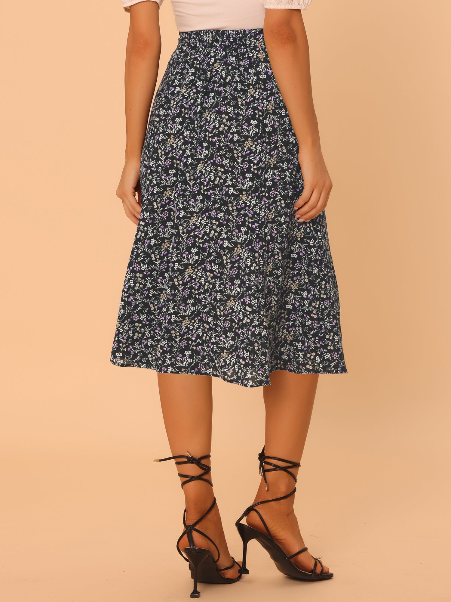 Floral Peasant Elastic Waist A-Line Ditsy Leave Midi Skirt