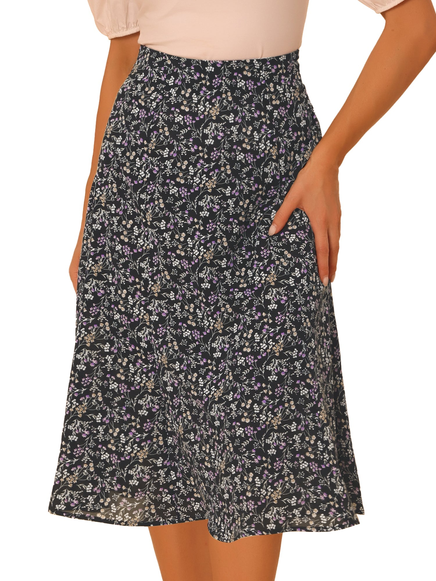 Floral Peasant Elastic Waist A-Line Ditsy Leave Midi Skirt