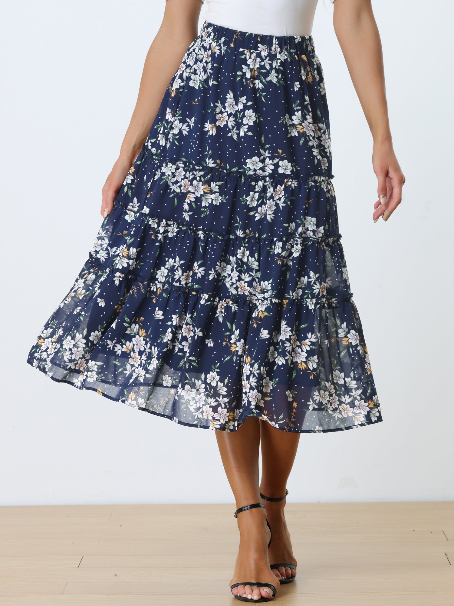 Ruffle Boho Chiffon Floral Printed Long Tiered Midi Skirt
