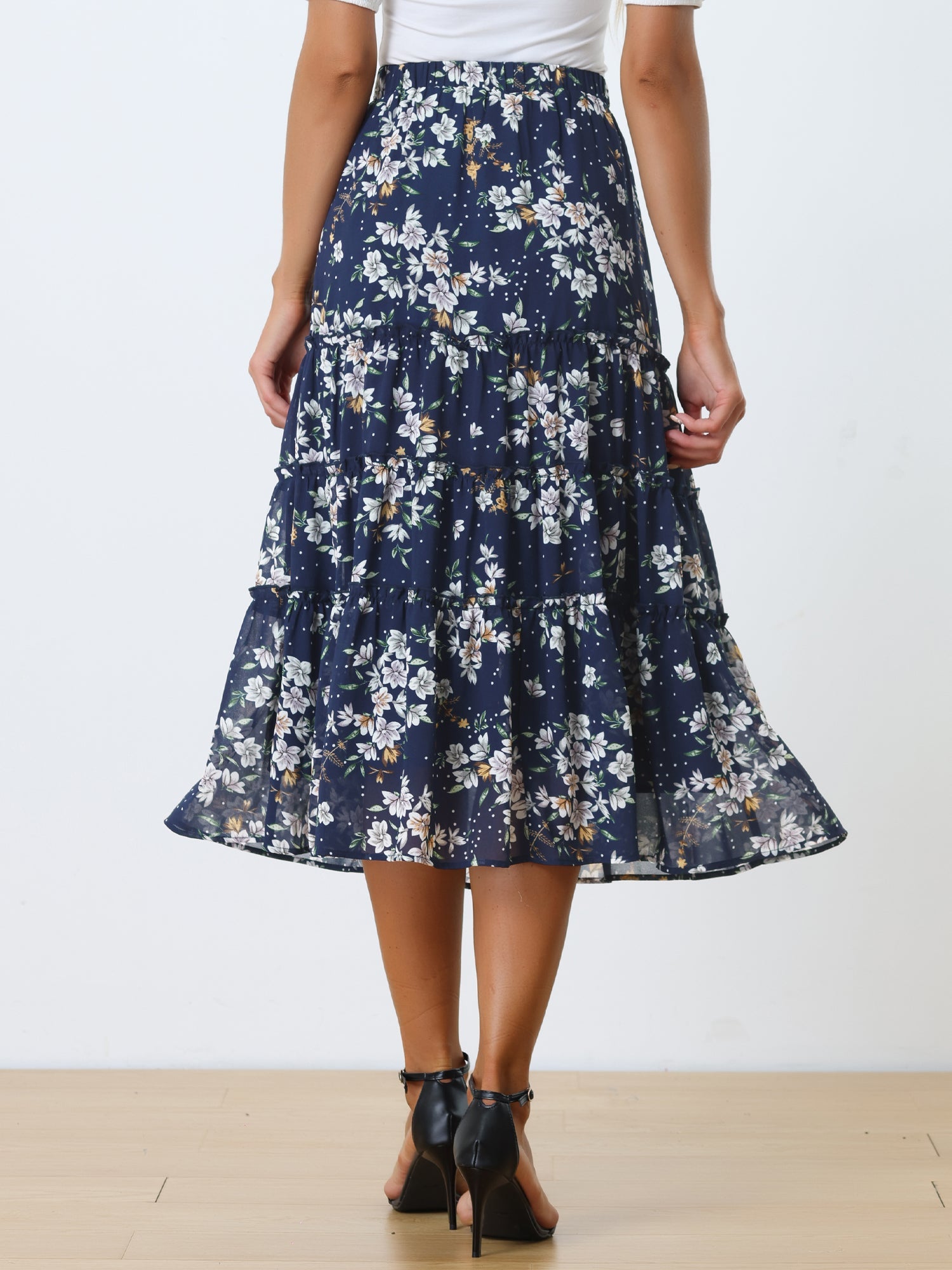 Ruffle Boho Chiffon Floral Printed Long Tiered Midi Skirt