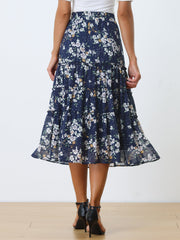 Ruffle Boho Chiffon Floral Printed Long Tiered Midi Skirt
