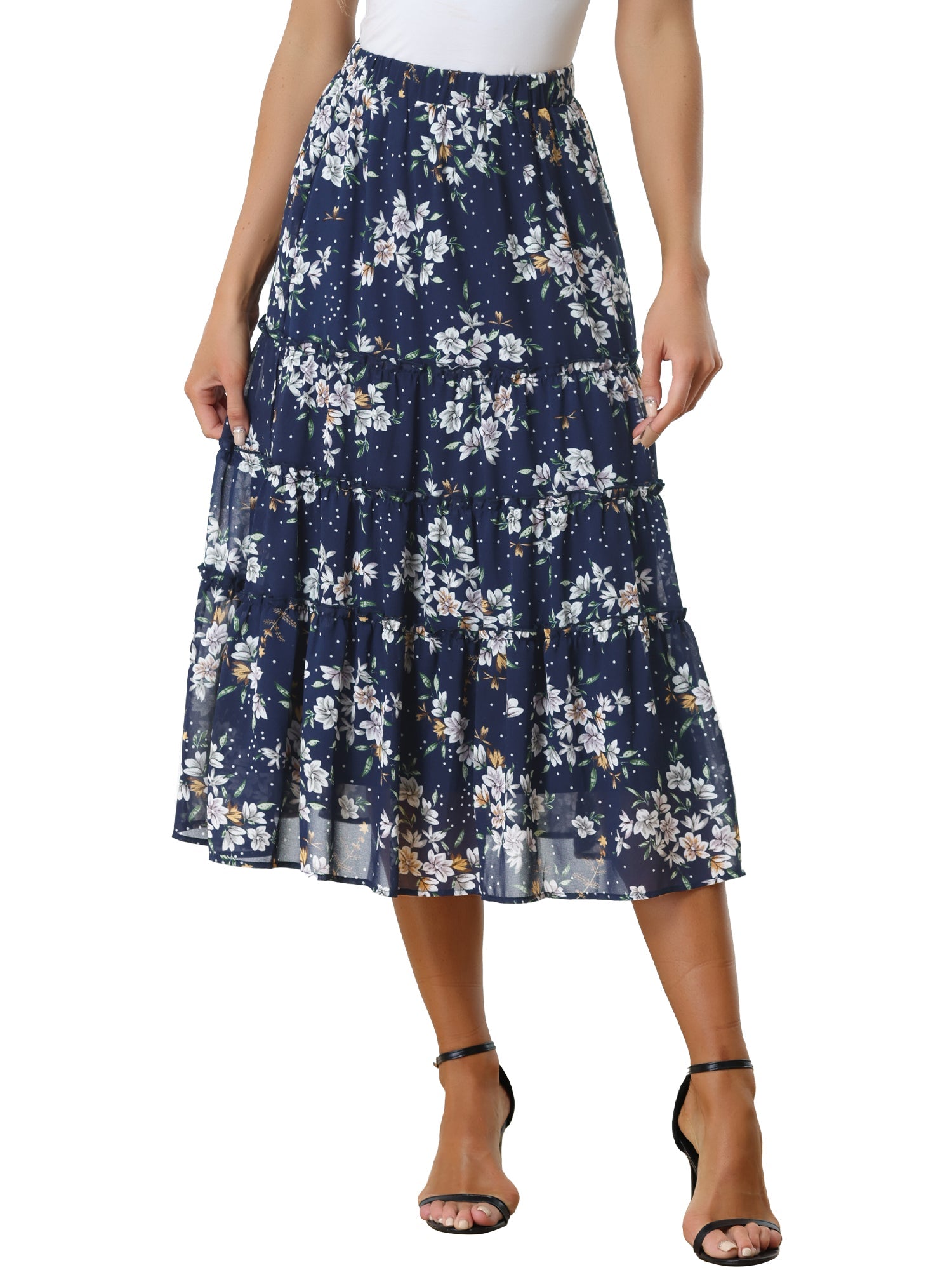 Ruffle Boho Chiffon Floral Printed Long Tiered Midi Skirt
