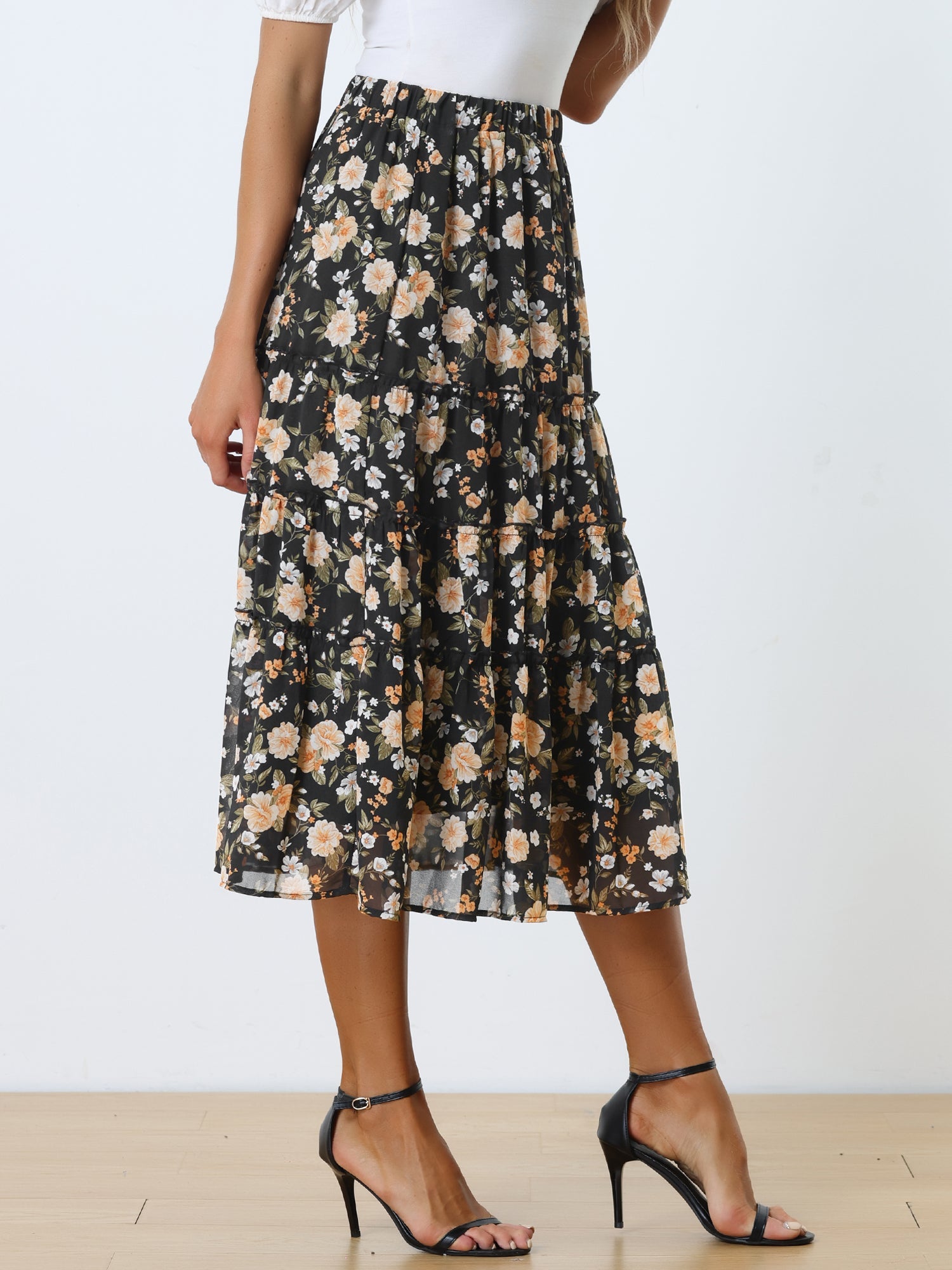Chiffon Floral Printed Long Tiered Ruffle Boho Midi Skirt