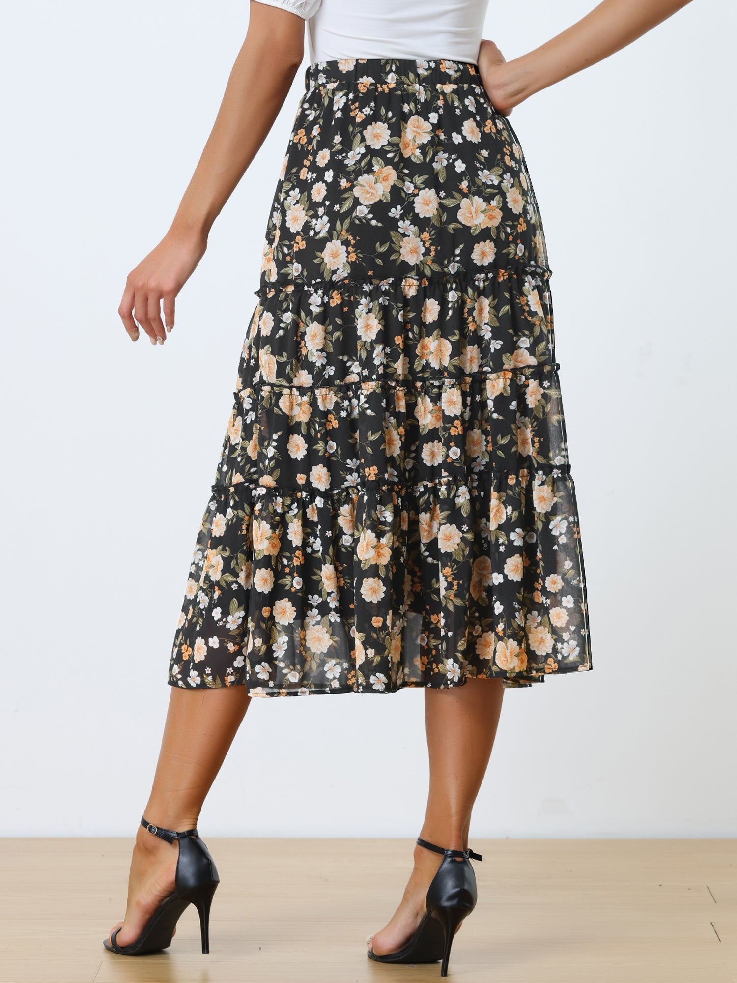 Chiffon Floral Printed Long Tiered Ruffle Boho Midi Skirt