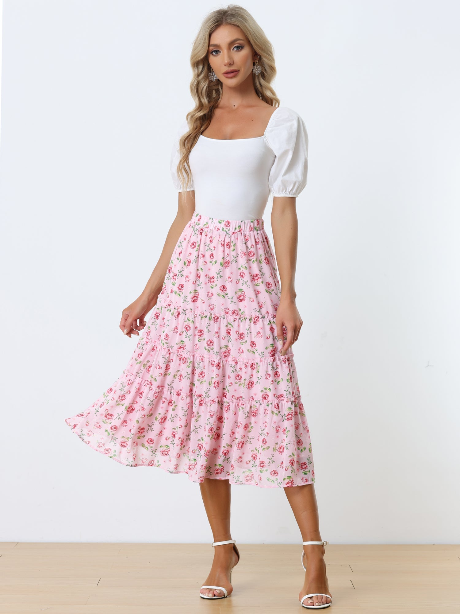 Ruffle Boho Chiffon Floral Printed Long Tiered Midi Skirt