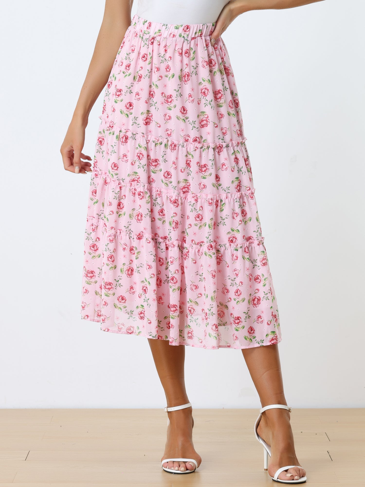 Ruffle Boho Chiffon Floral Printed Long Tiered Midi Skirt