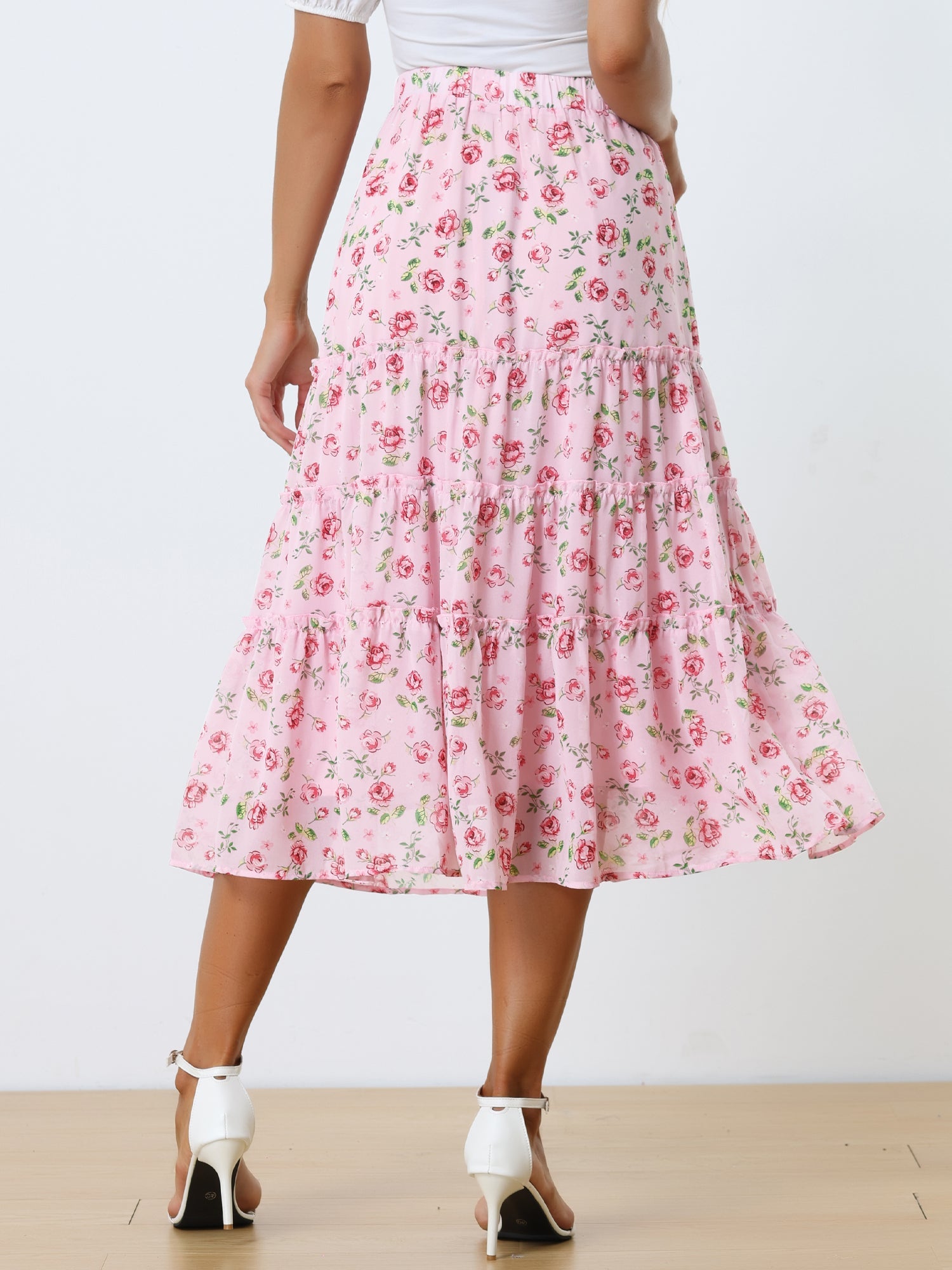 Ruffle Boho Chiffon Floral Printed Long Tiered Midi Skirt