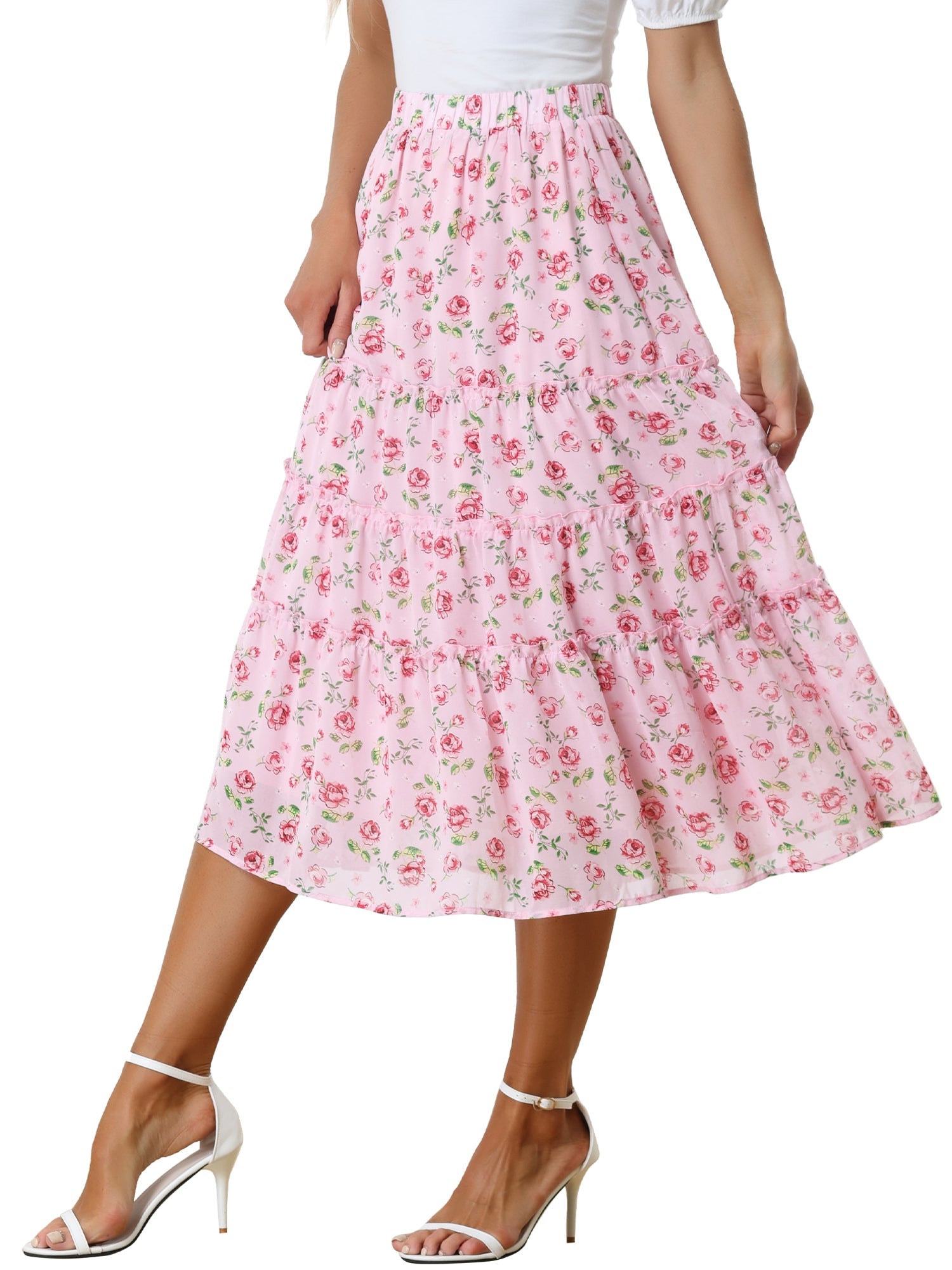 Ruffle Boho Chiffon Floral Printed Long Tiered Midi Skirt