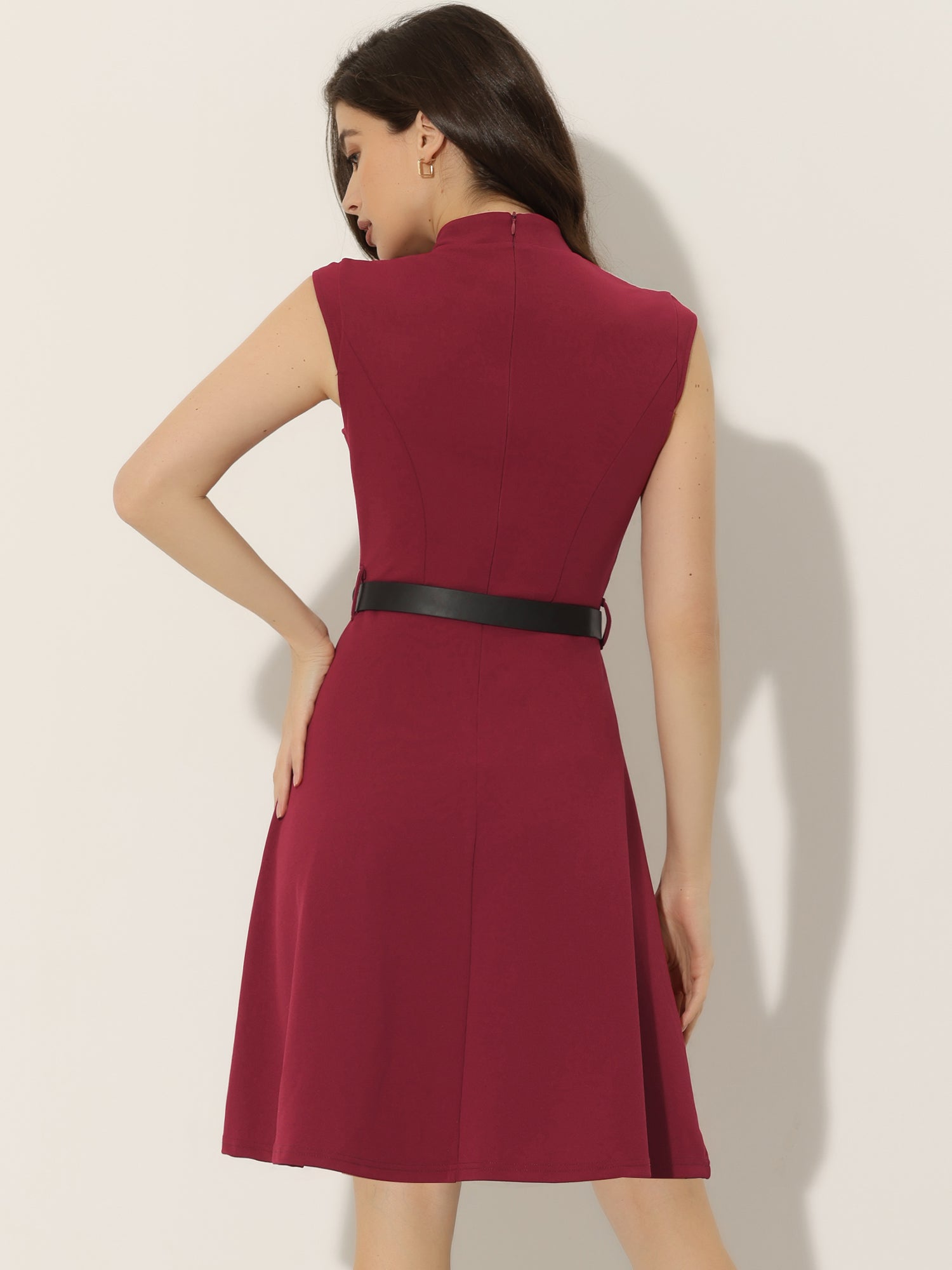 Office V Neck Work Sleeveless A-line Midi Solid Belted Dress