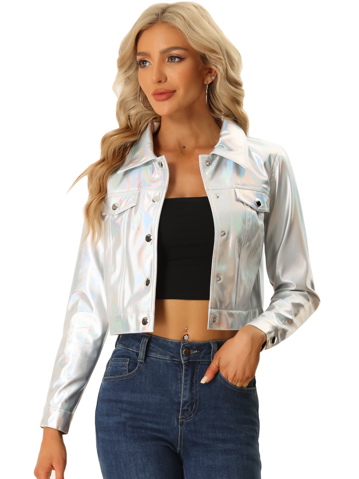 Metallic Biker Holographic Button Down Shiny Jacket