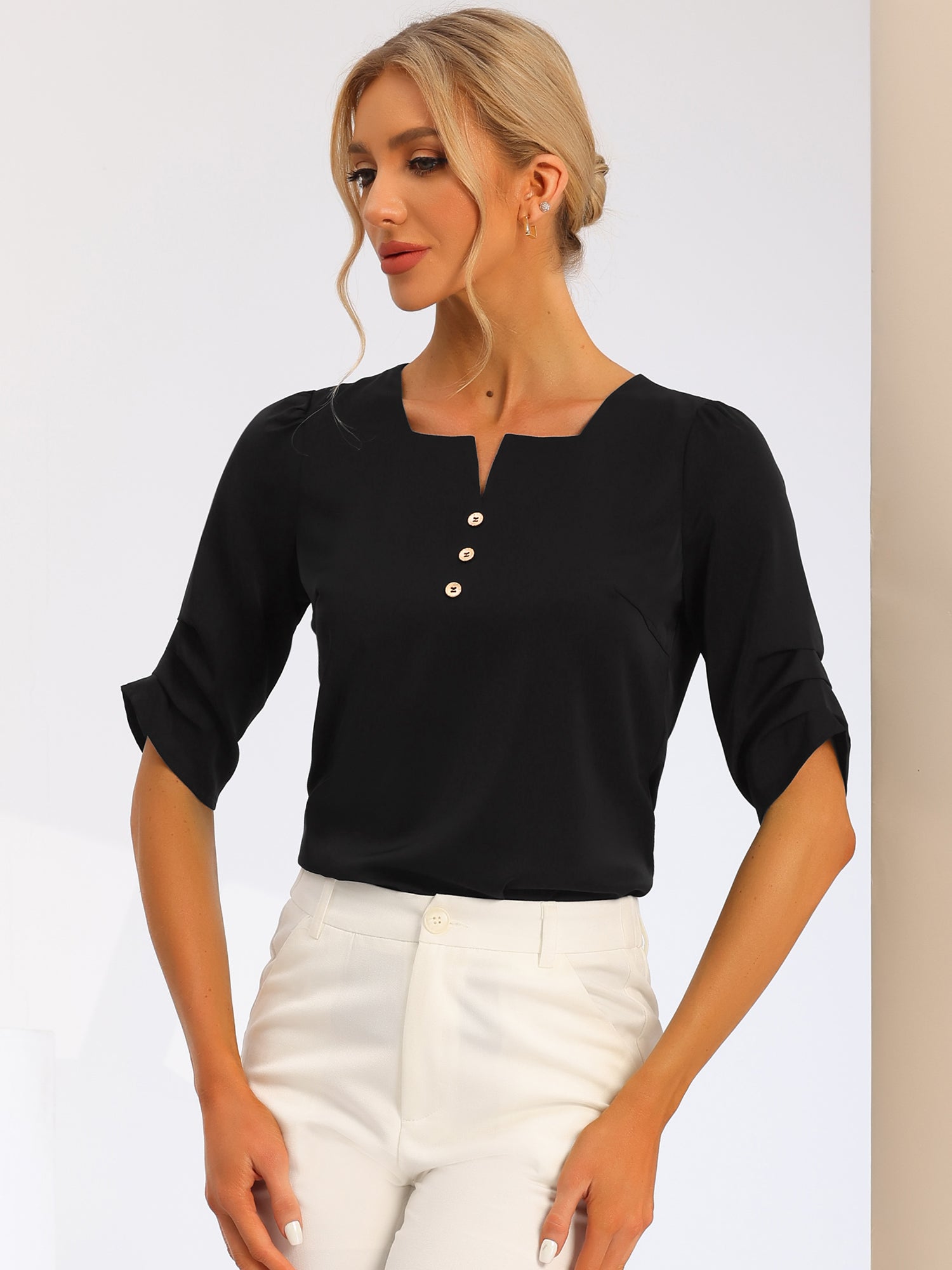 Square Neck Pleated Tops Ruched Sleeve Chiffon Office Work Blouse