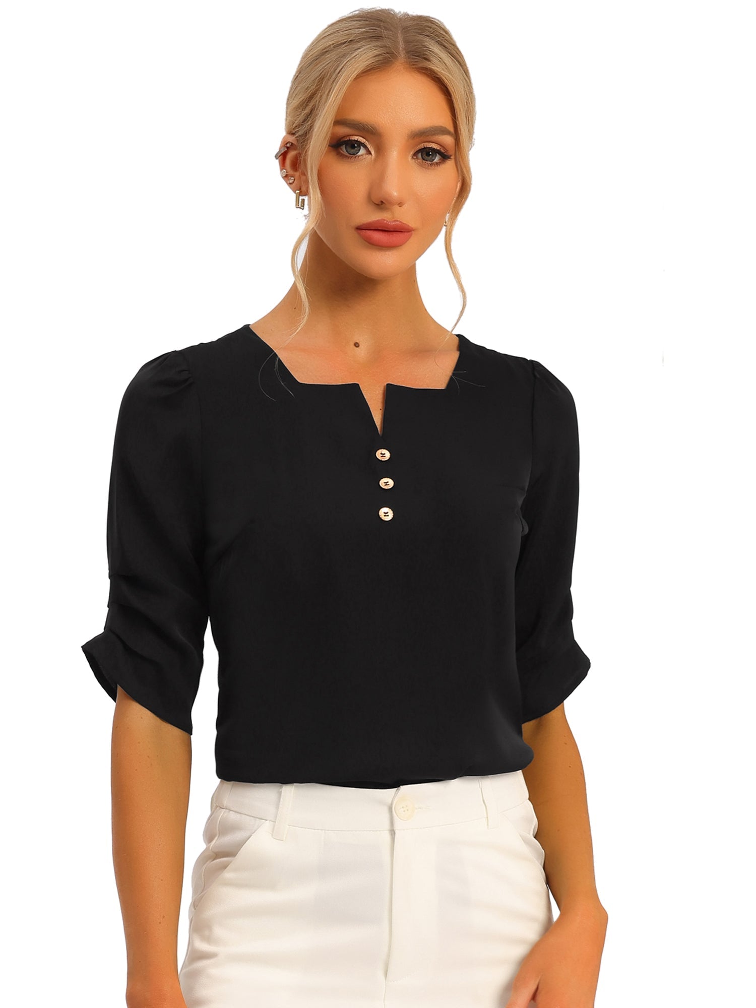 Square Neck Pleated Tops Ruched Sleeve Chiffon Office Work Blouse