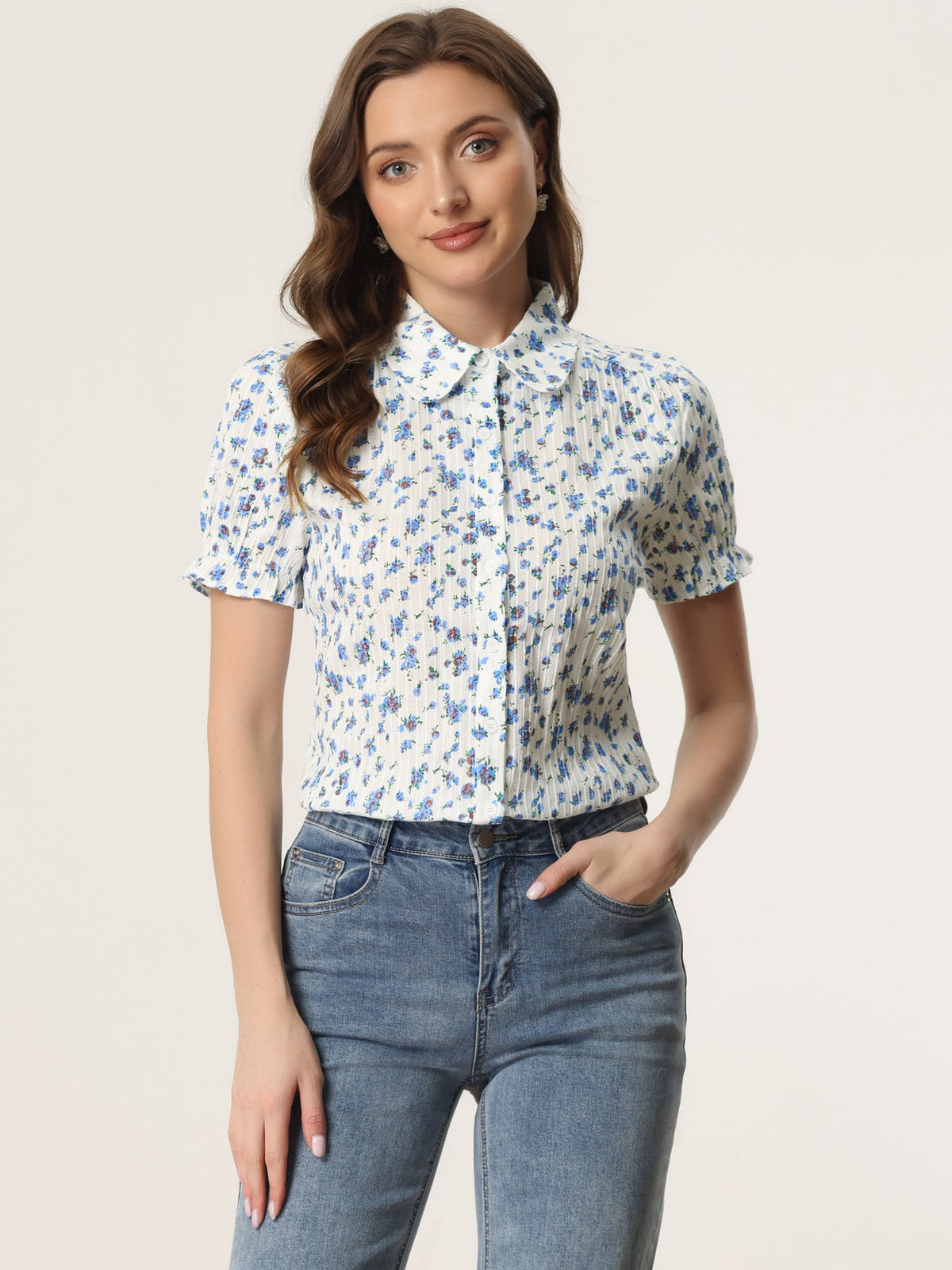 Floral Printed Peter Pan Collar Cotton Short Sleeve Shirt