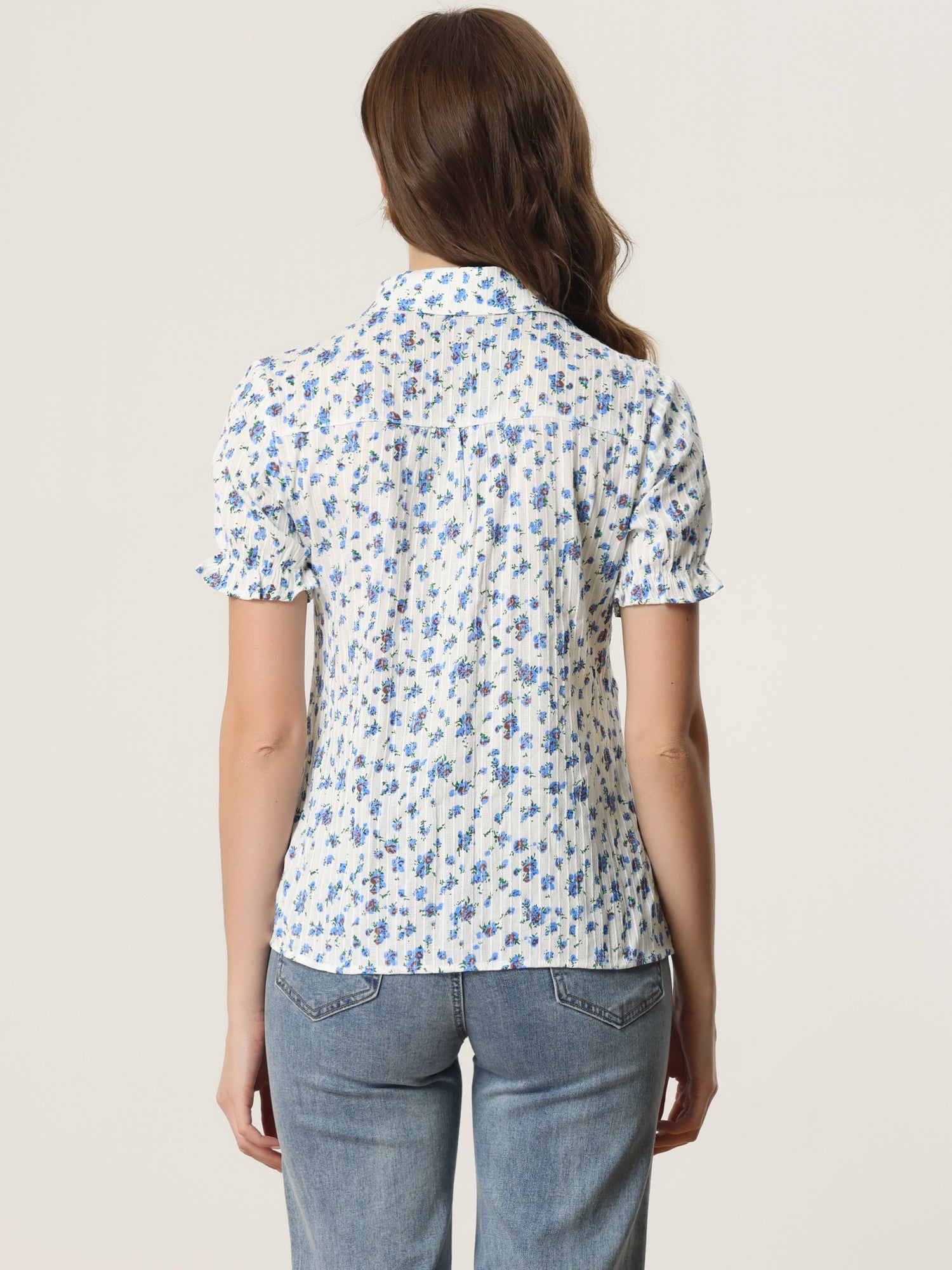 Floral Printed Peter Pan Collar Cotton Short Sleeve Shirt