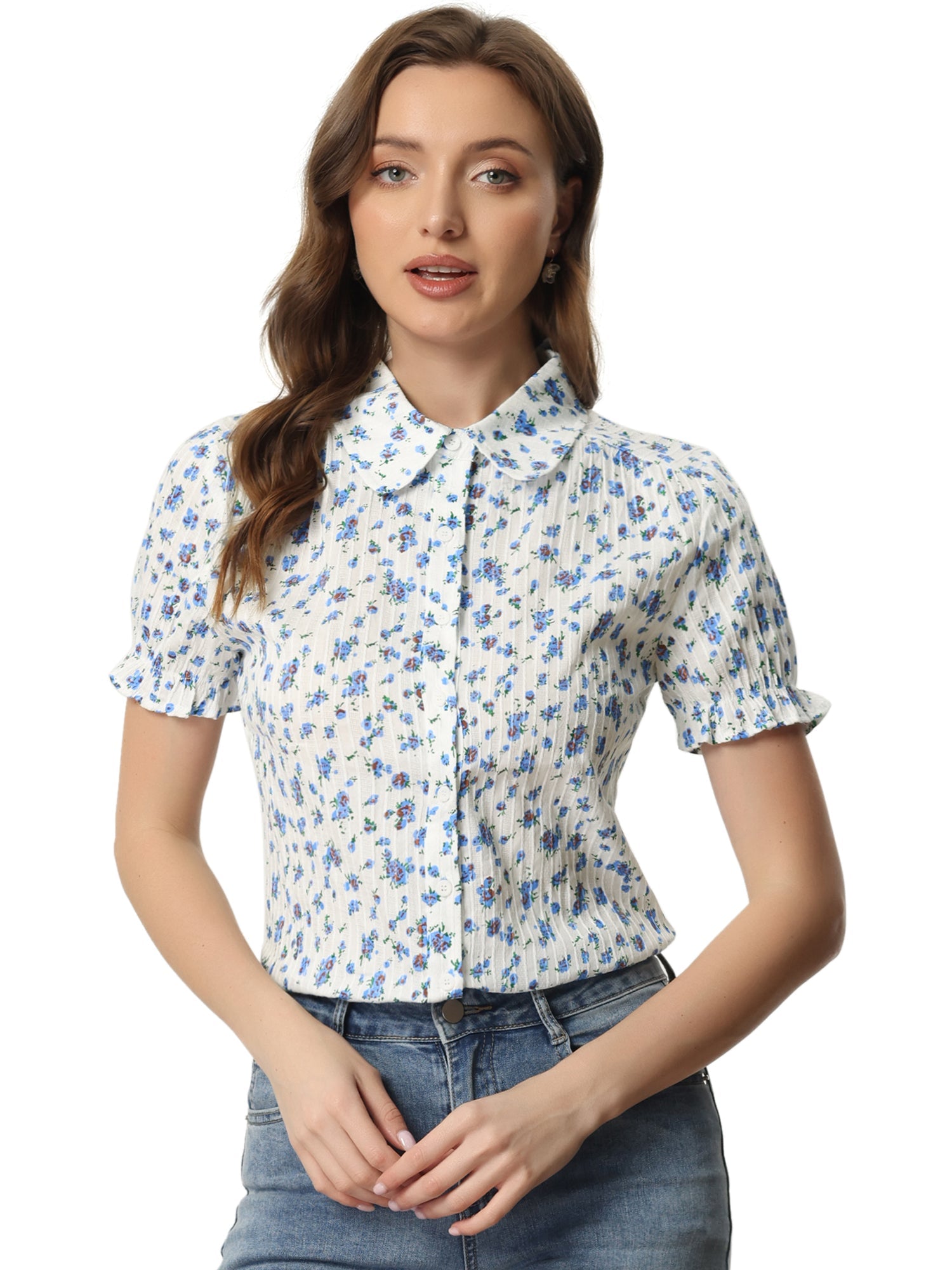 Floral Printed Peter Pan Collar Cotton Short Sleeve Shirt