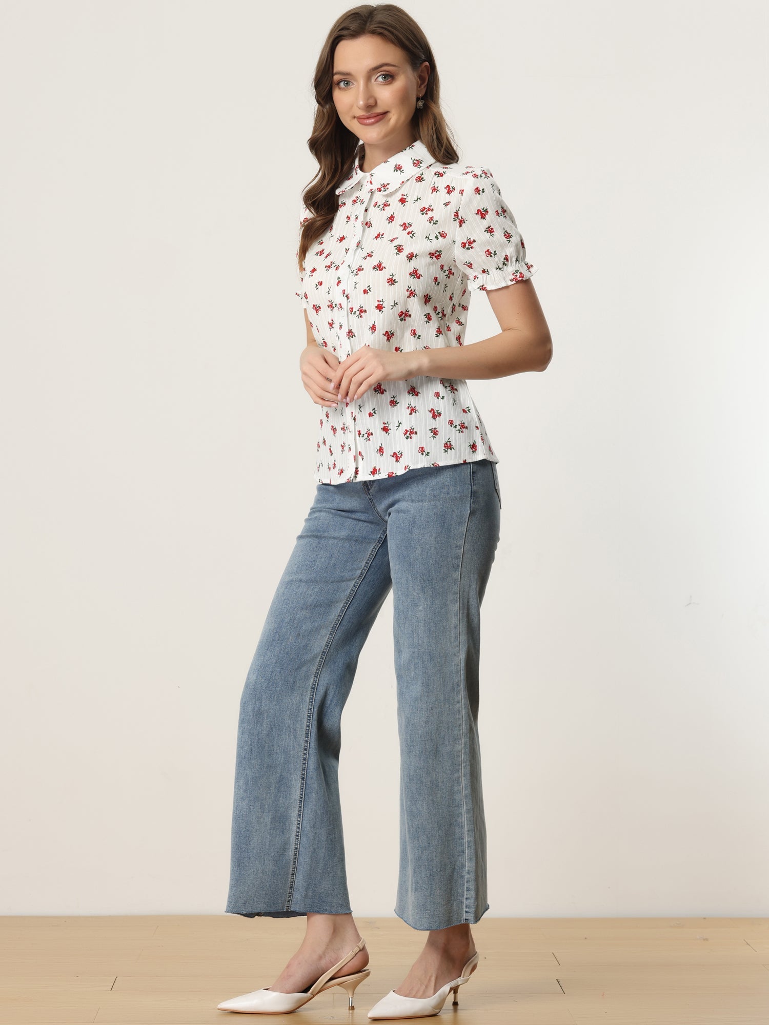 Floral Printed Peter Pan Collar Cotton Short Sleeve Shirt
