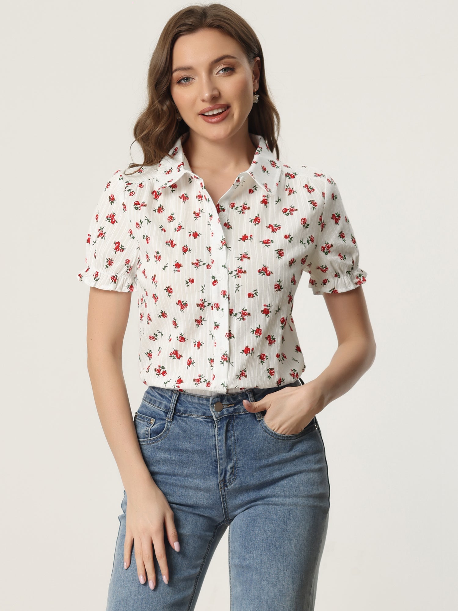 Floral Printed Peter Pan Collar Cotton Short Sleeve Shirt