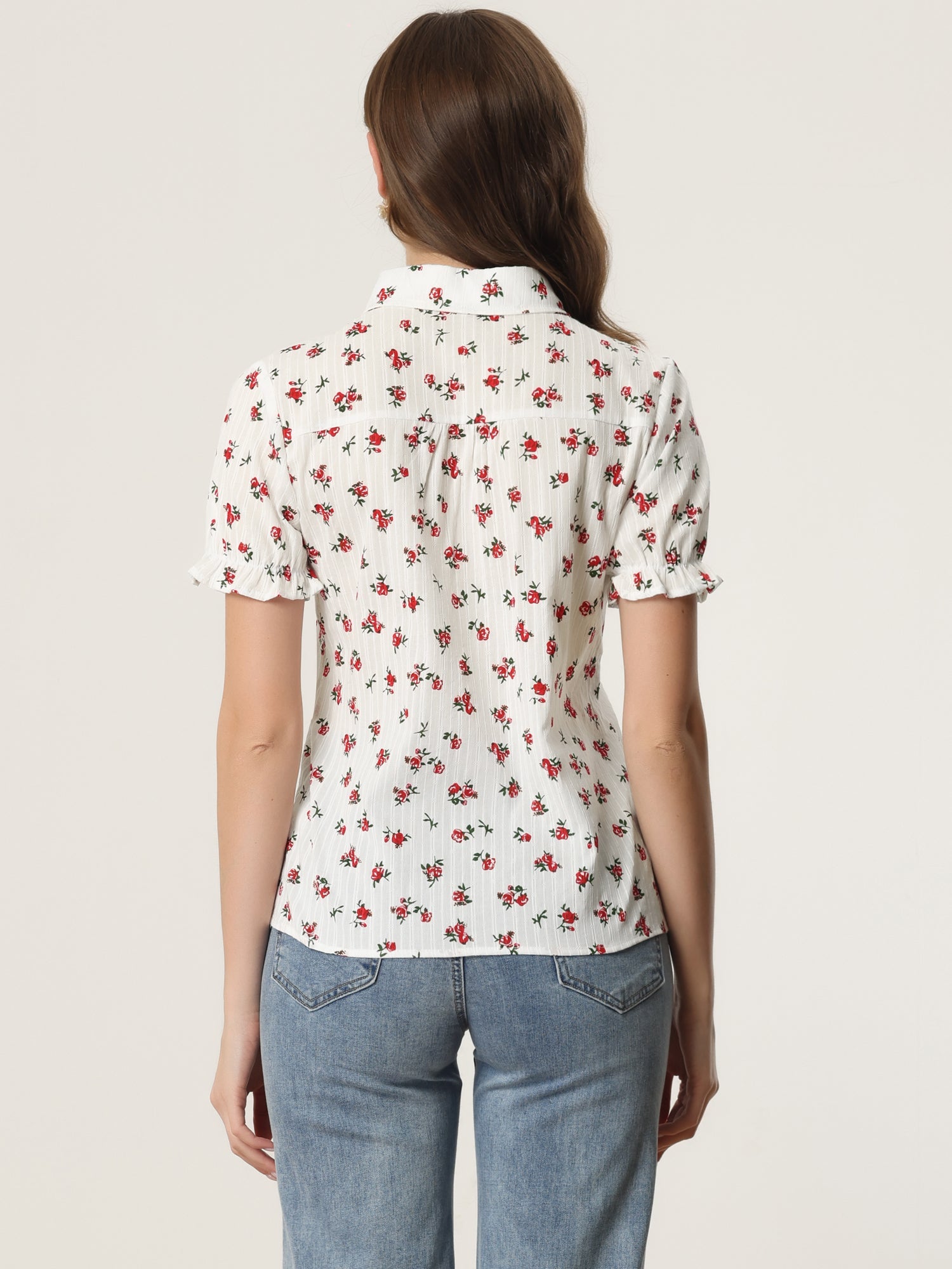 Floral Printed Peter Pan Collar Cotton Short Sleeve Shirt