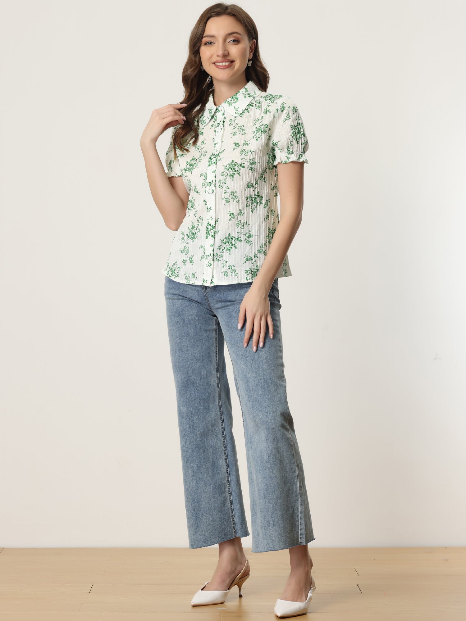 Floral Printed Peter Pan Collar Cotton Short Sleeve Shirt