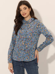 Button Down Floral Shirt Blouse Long Sleeve Point Collar Top