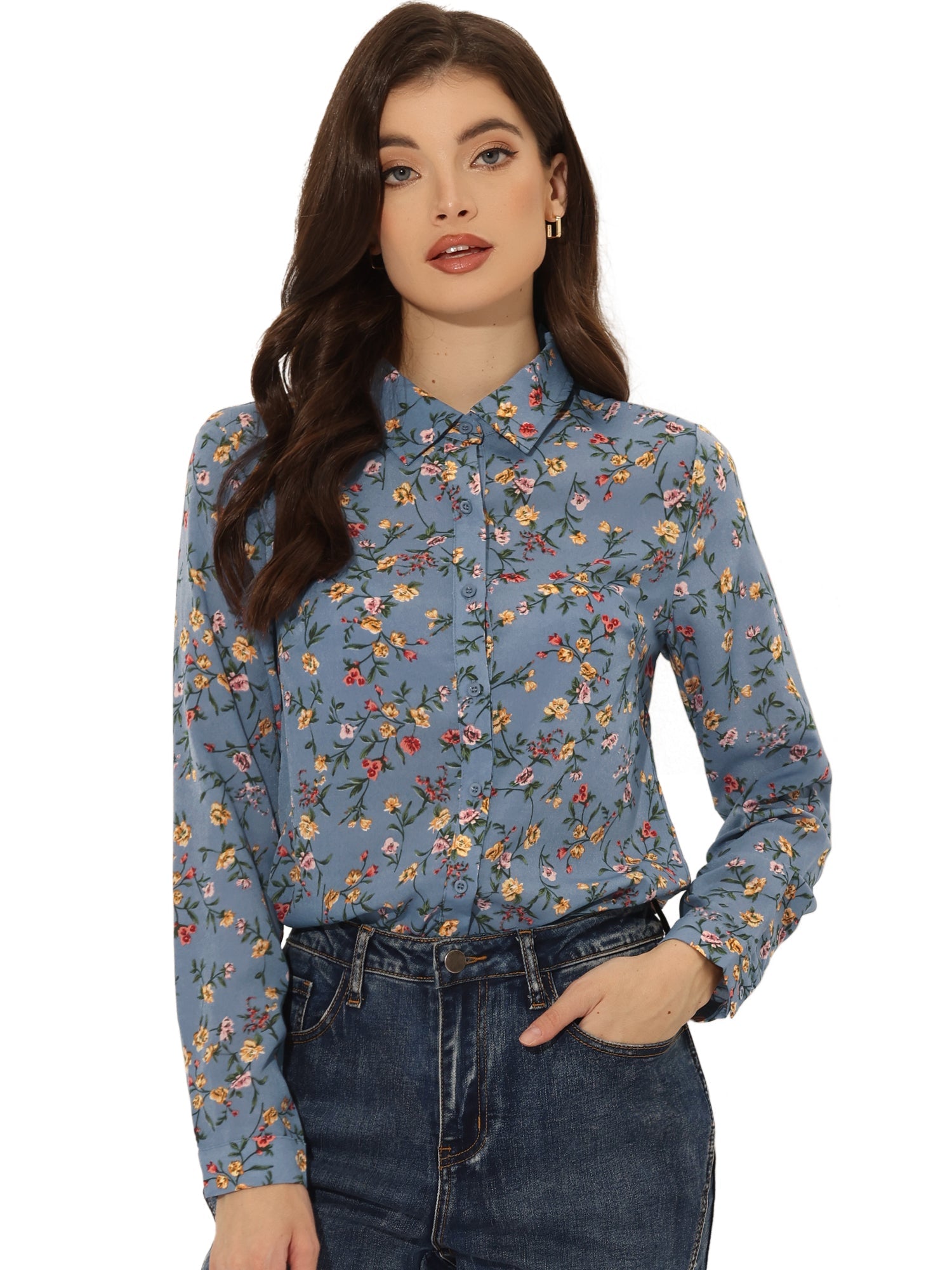 Button Down Floral Shirt Blouse Long Sleeve Point Collar Top