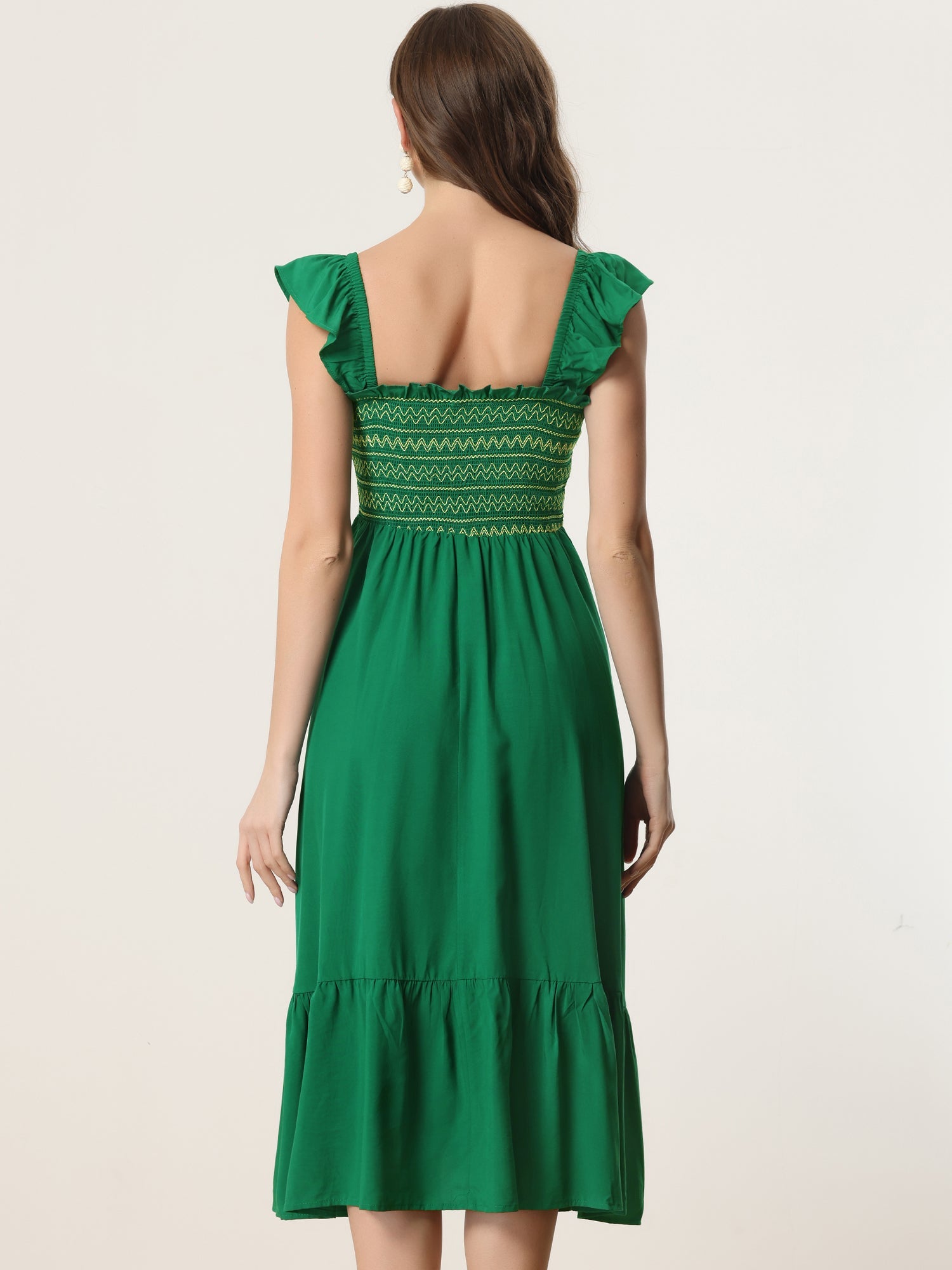 Boho Square Neck Ruffle Tiered Flowy Smocked Midi Dress Sundress