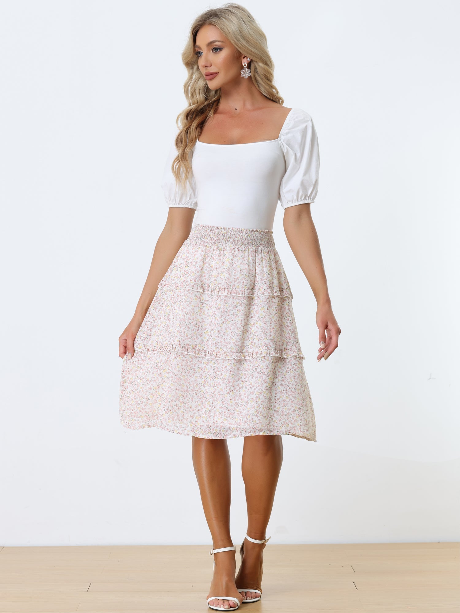 Floral Smocked Elastic Waist Knee Length Ruffle Tiered Skirt
