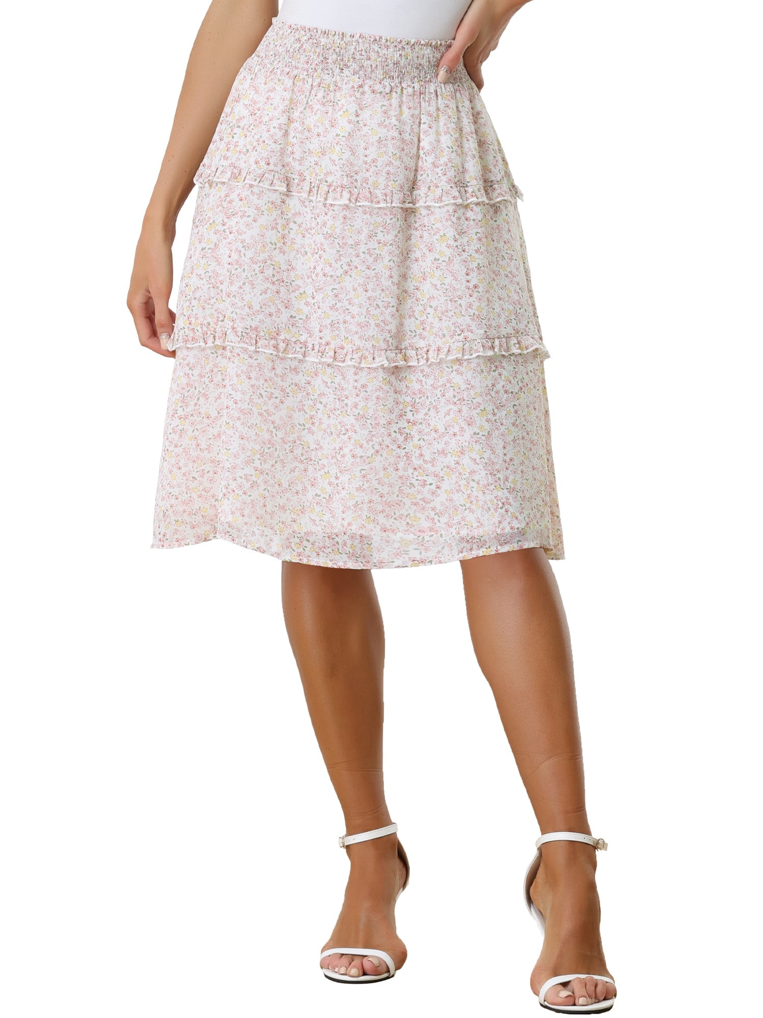 Floral Smocked Elastic Waist Knee Length Ruffle Tiered Skirt