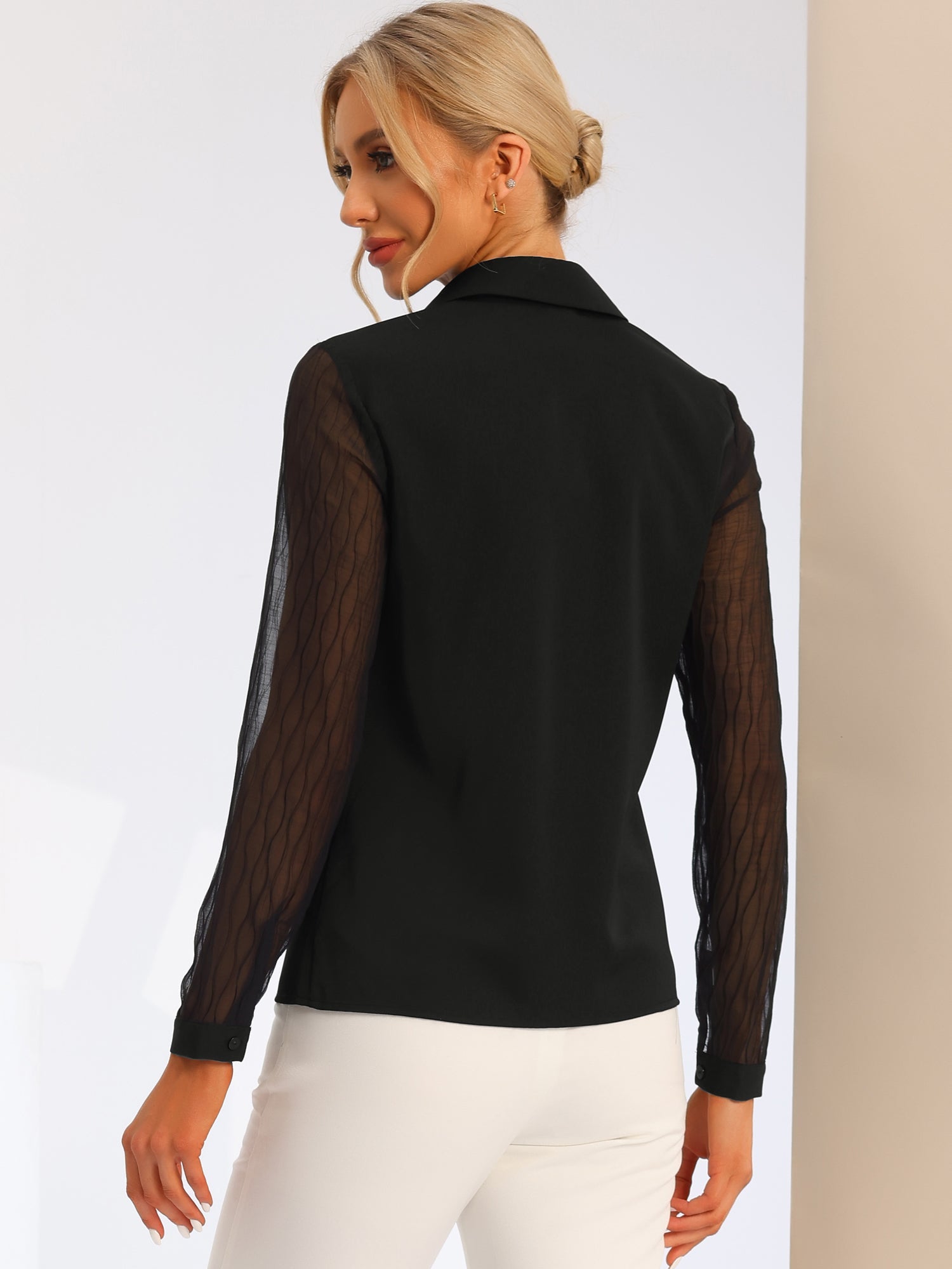 V Neck Point Collar Mesh Sleeve Button Down Work Office Shirt