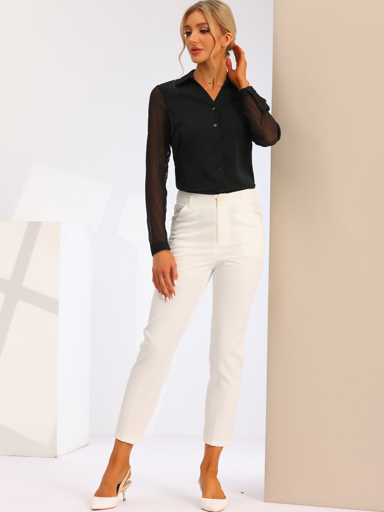 V Neck Point Collar Mesh Sleeve Button Down Work Office Shirt