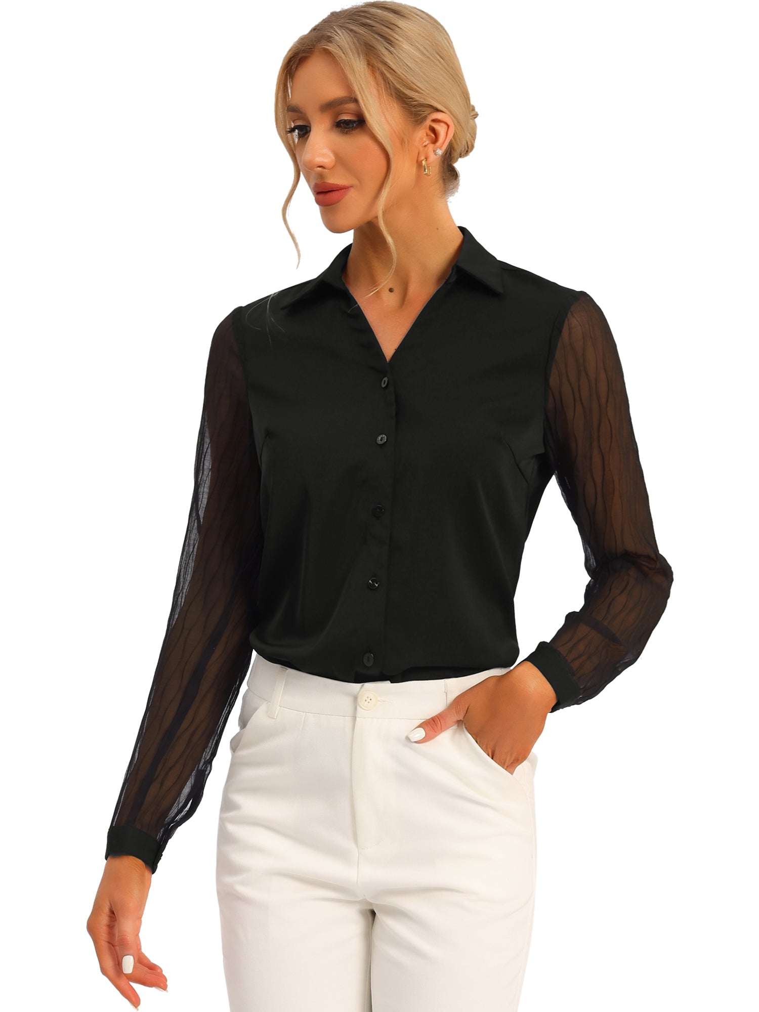 V Neck Point Collar Mesh Sleeve Button Down Work Office Shirt