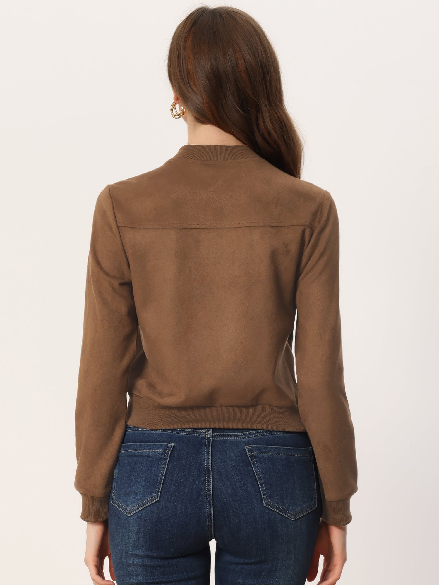 Faux Suede Crop Stand Collar Zip Up Biker Moto Bomber Jackets