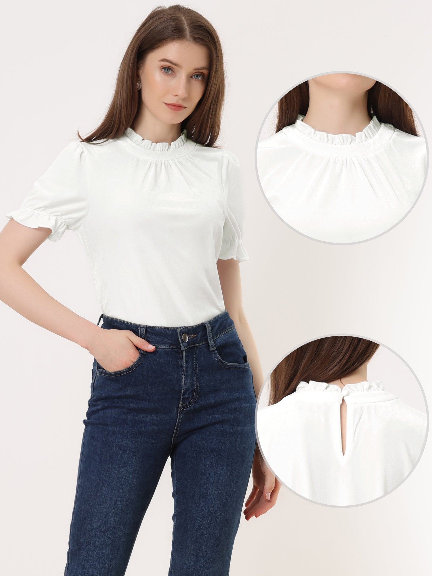 Ruffle Collar Short Cuff Sleeve Velvet Tops Blouse